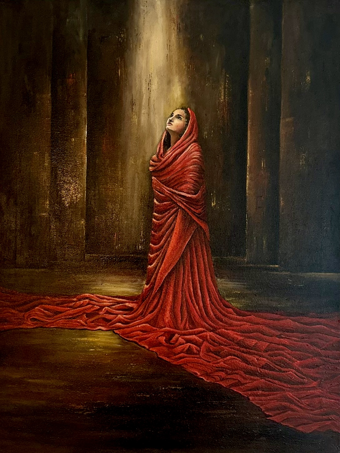 Where Hope still Breathes by Tehmina Tasadduq featuring a female figure in crimson drapery
