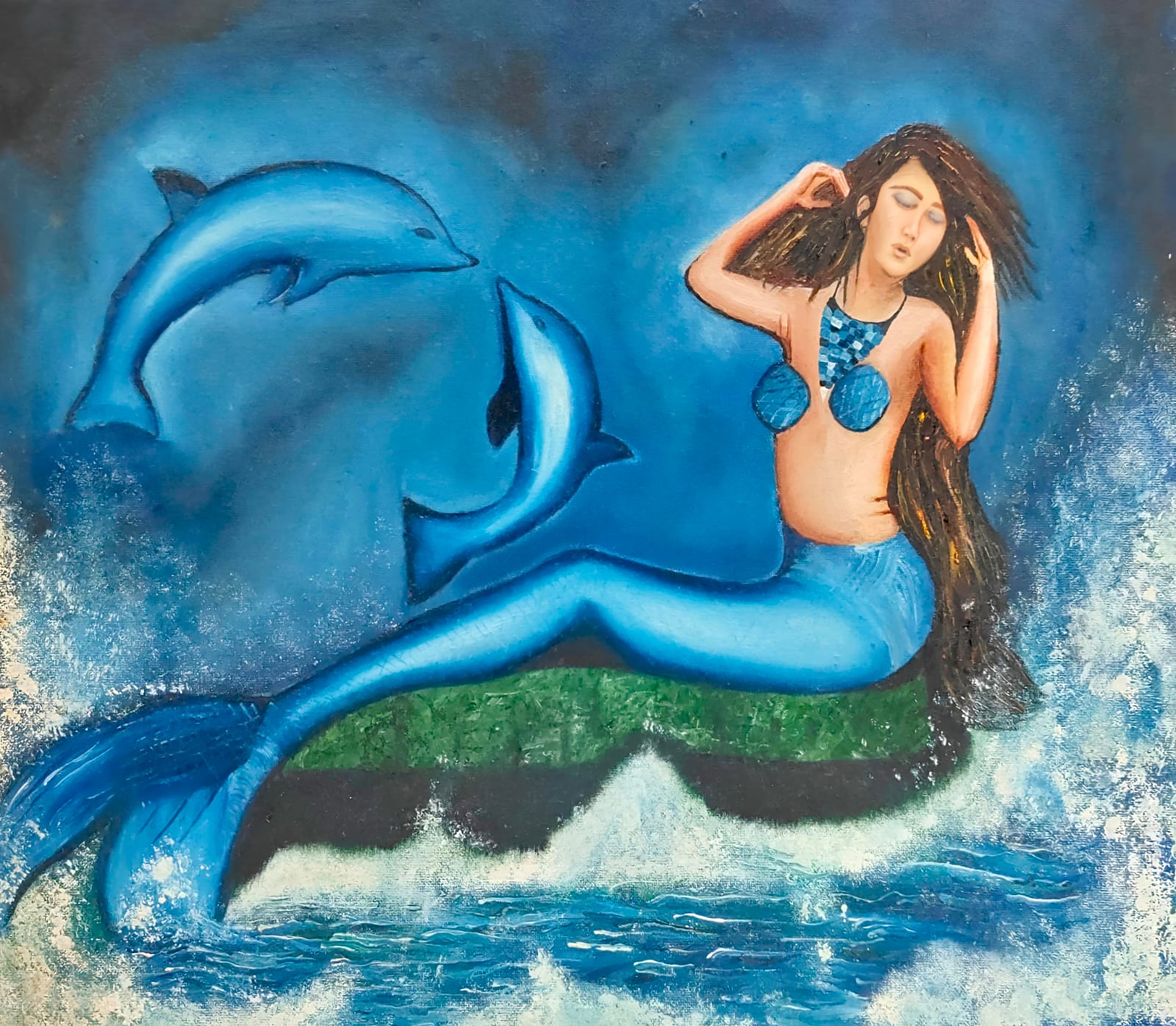 Where Dreams Meet the Sea by Nisha Dhing, serene oceanic scene with mermaid