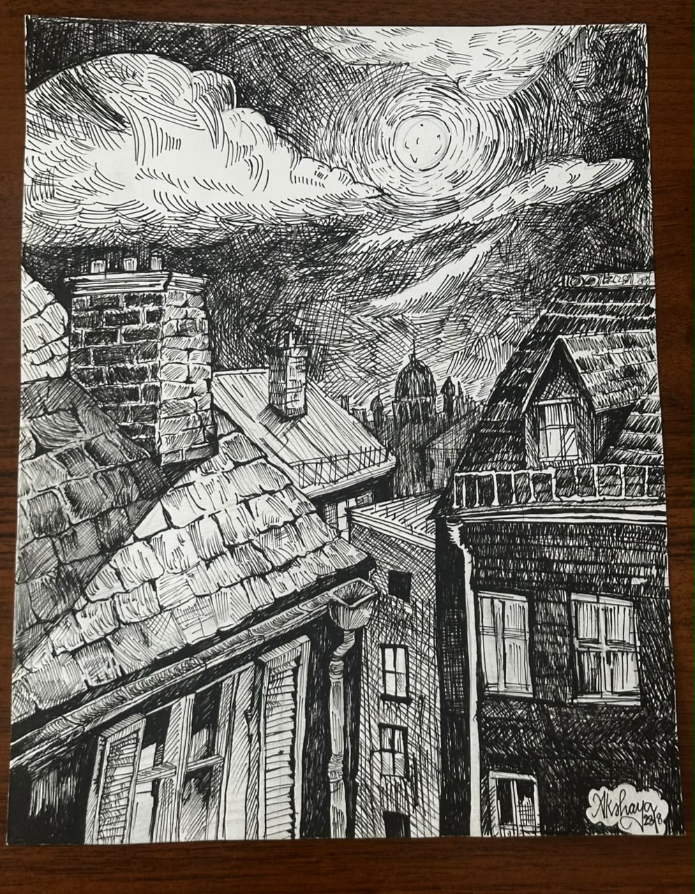 Rooftops Under the Moon by Akshaya Sasikumar - nighttime urban scene with rooftops and chimneys