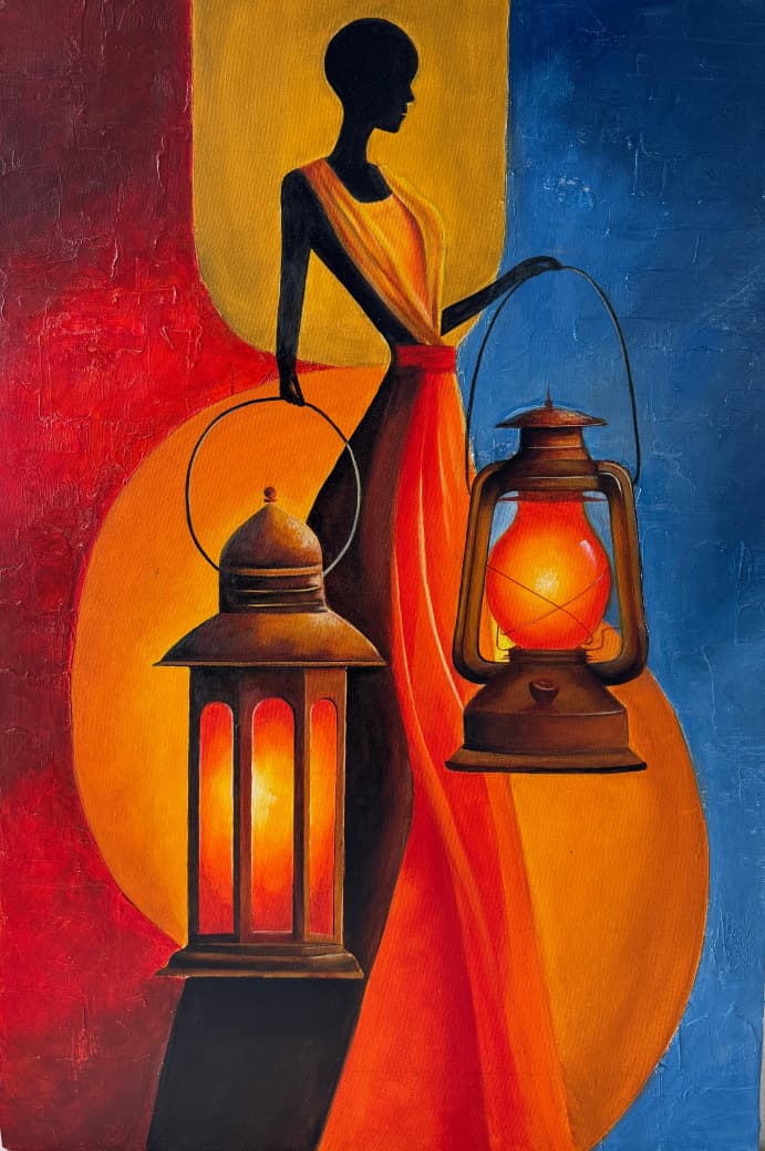 The Light that leads pt2 by Sradha Nidheesh, silhouetted figure with lanterns
