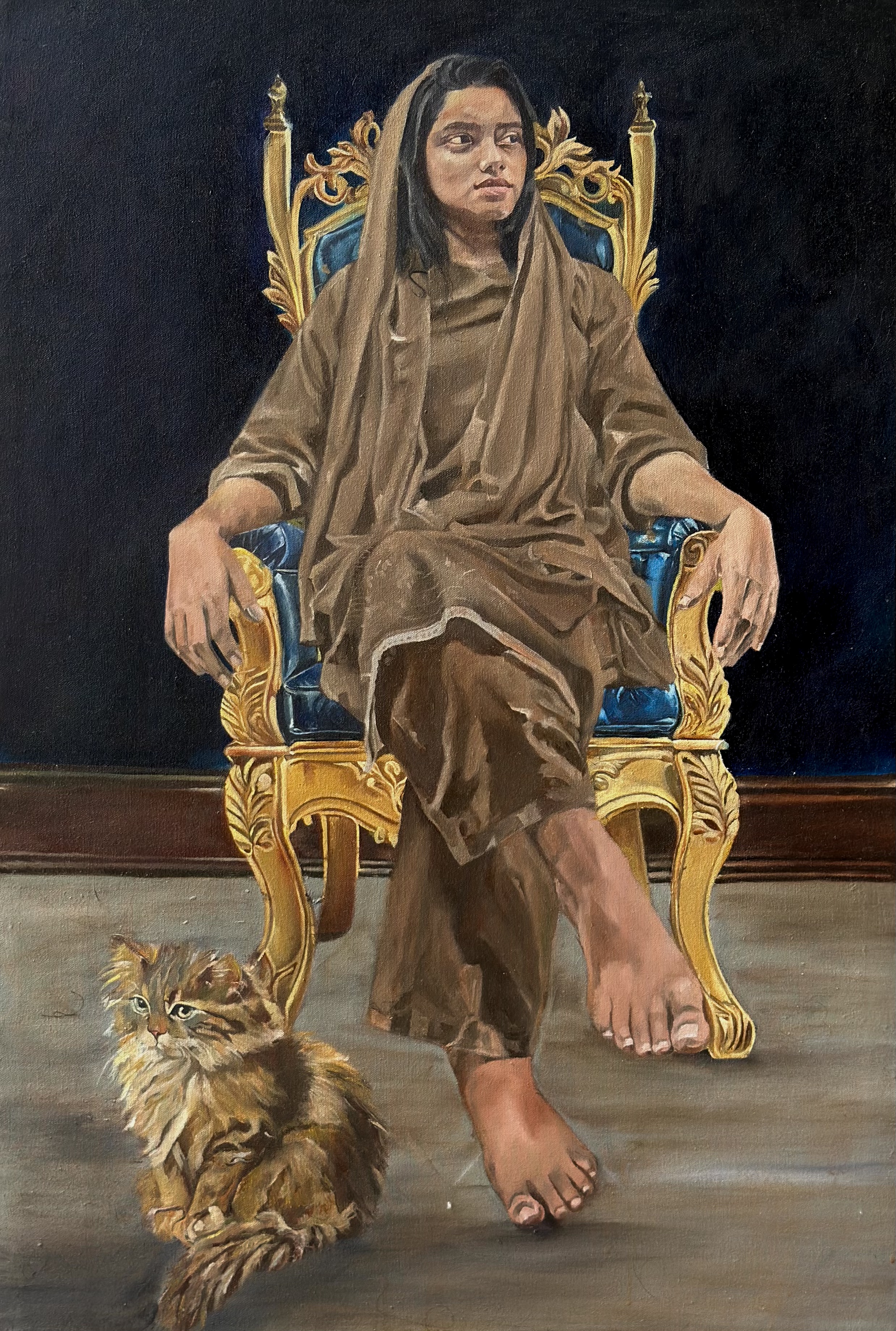 Thoughts on the throne by G. F. Ifra Doole, seated figure on ornate throne with deep blue backdrop