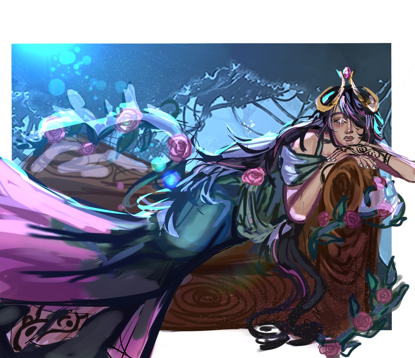 The forest watcher by Luka, featuring a mystical female figure resting on a log with floral and horn-like adornments