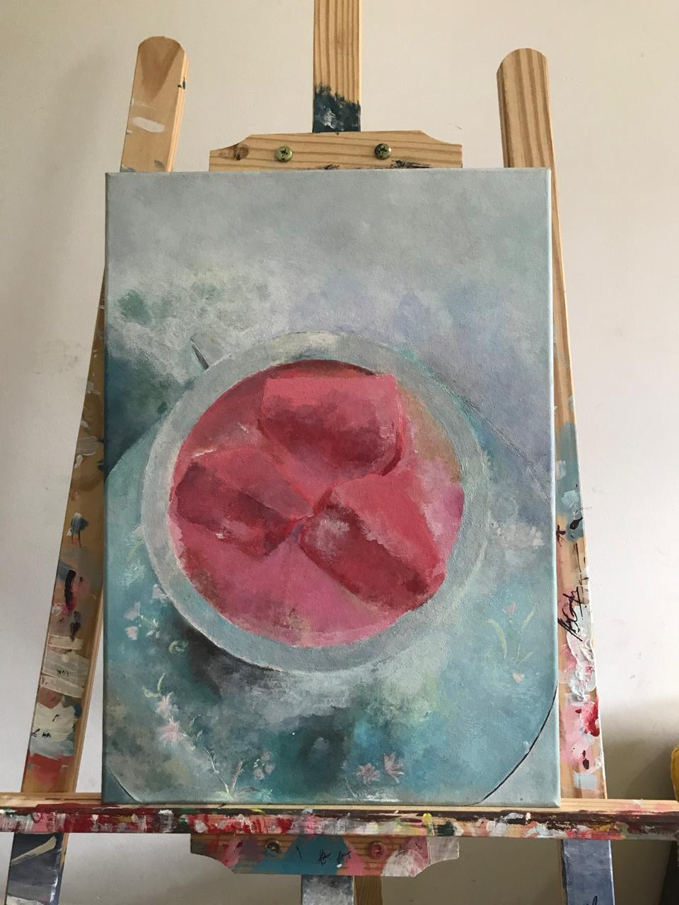Perdu dans sa douceur by R.D.R. A Gunasekara, pink cup with abstract forms