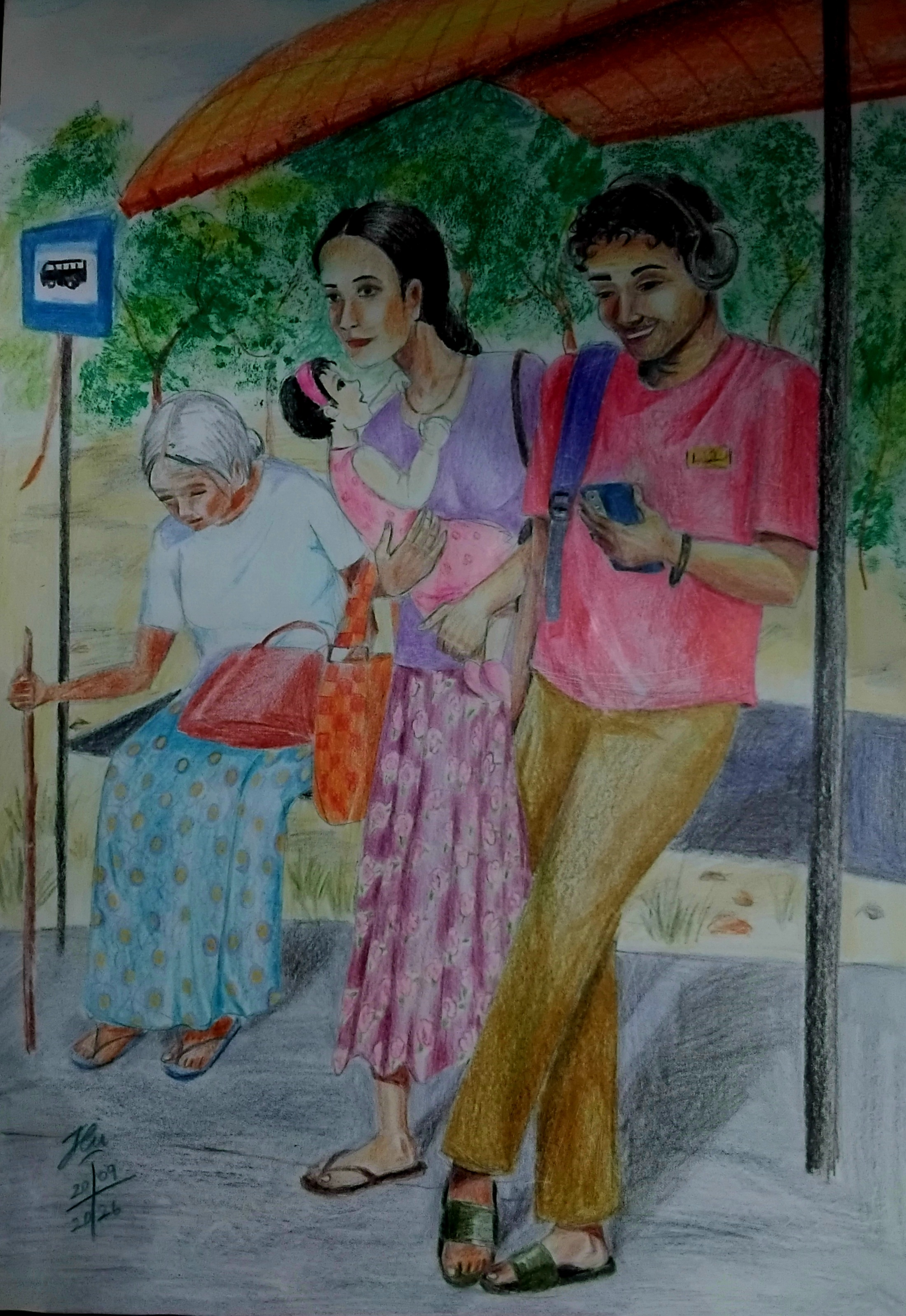 Different objectives by Morawakage Janani Chamodya scene at a bus stop