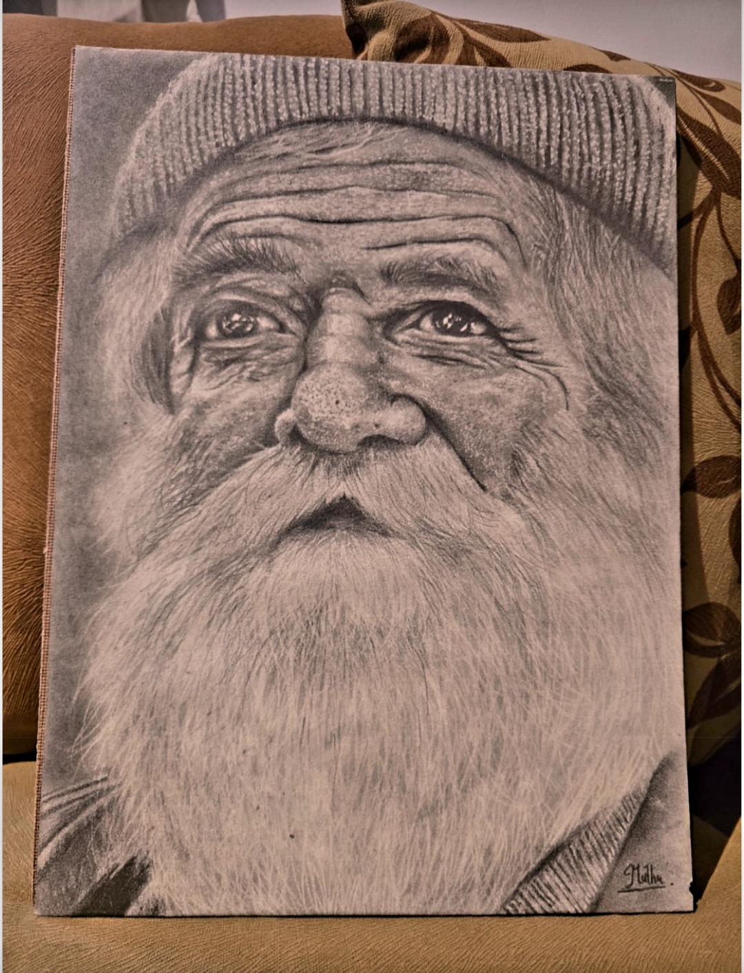 Timeless wisdom by T. D. Muthu Pabasari, a detailed portrait of an elderly individual with expressive features