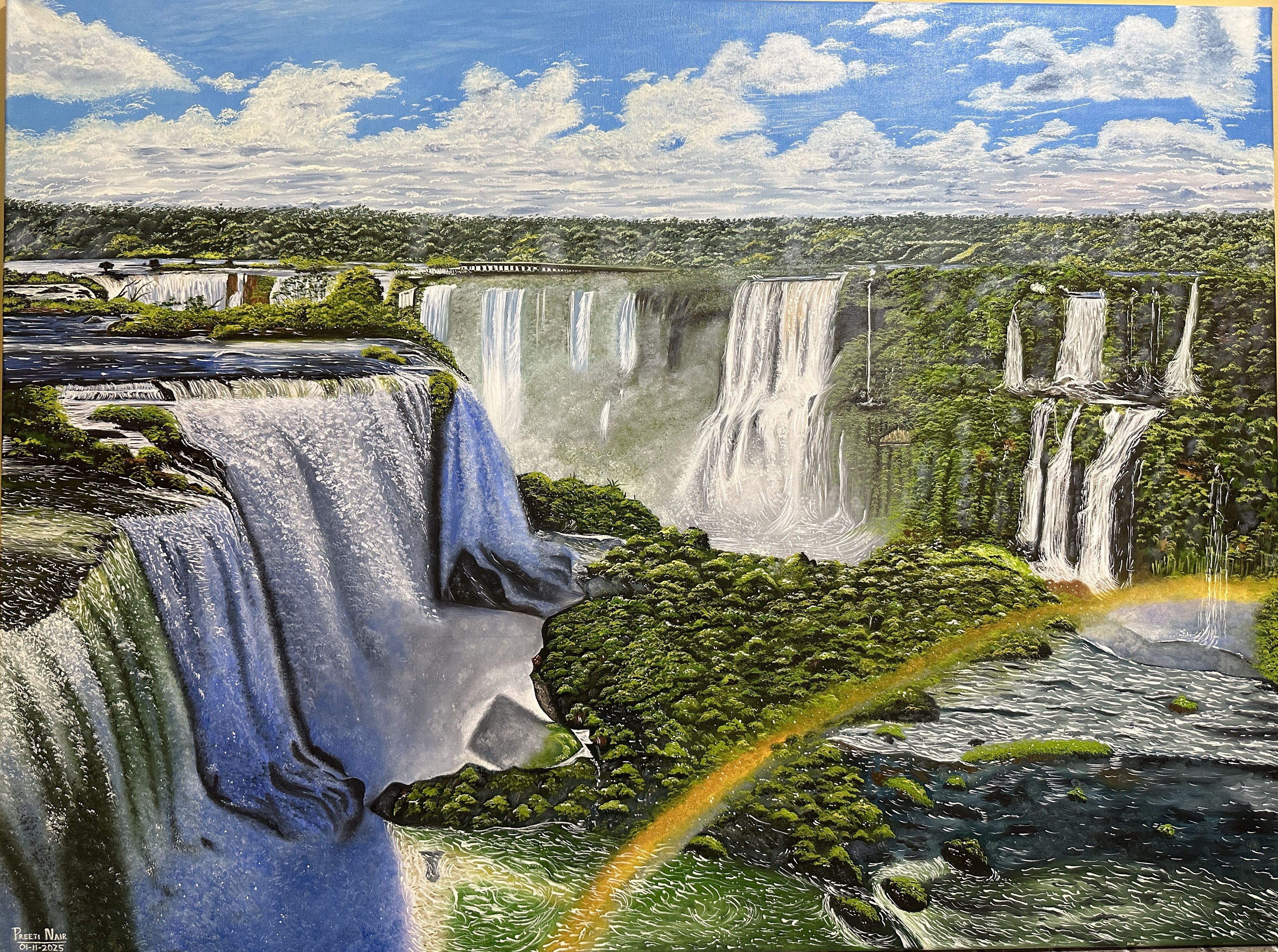Waterfall Oil Painting on Canvas by Preeti Rajeev Nair, depicting lush waterfalls and greenery