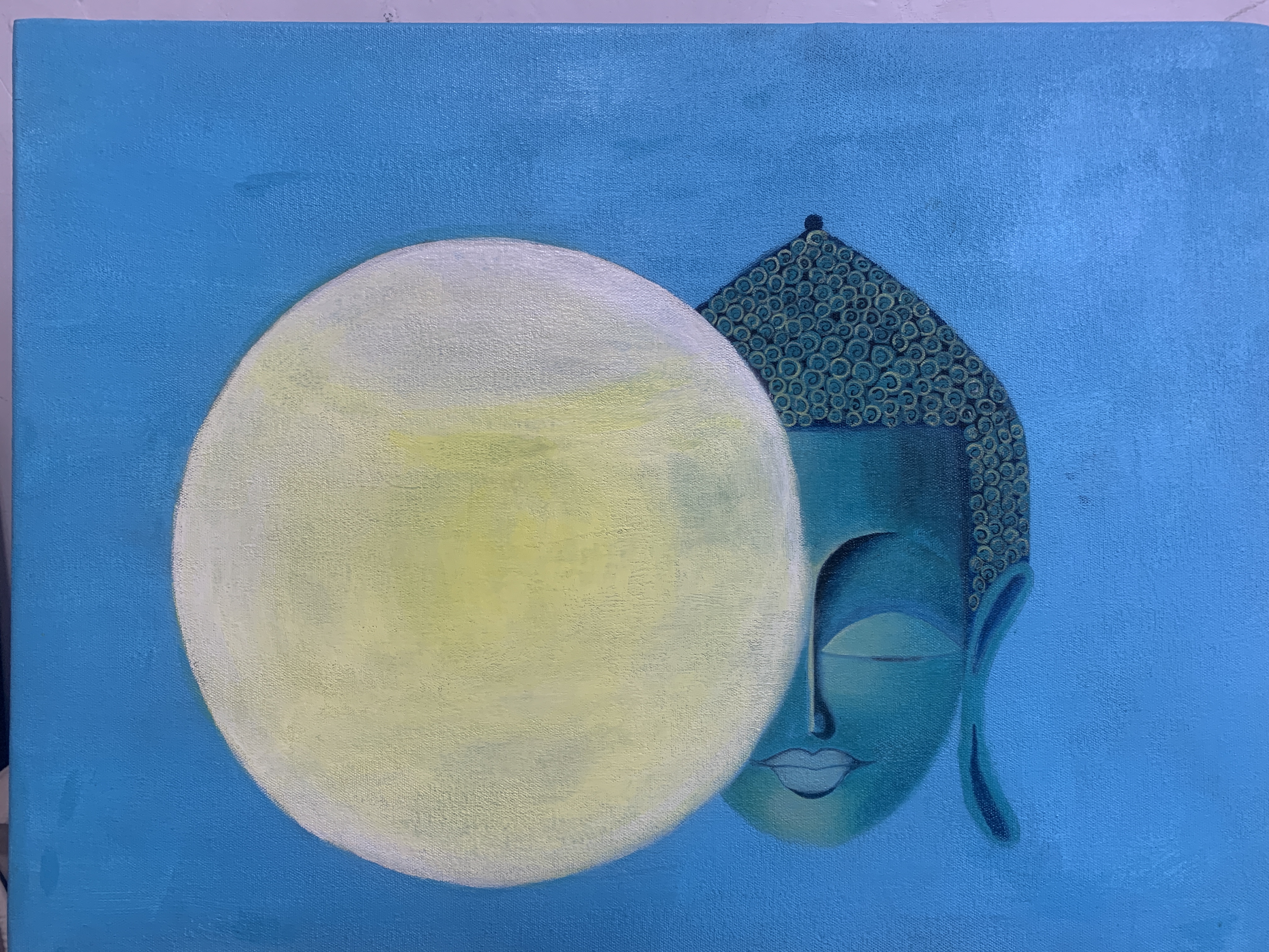 Lord Buddha and the Sun by Neha Saini, tranquil blue and green hues