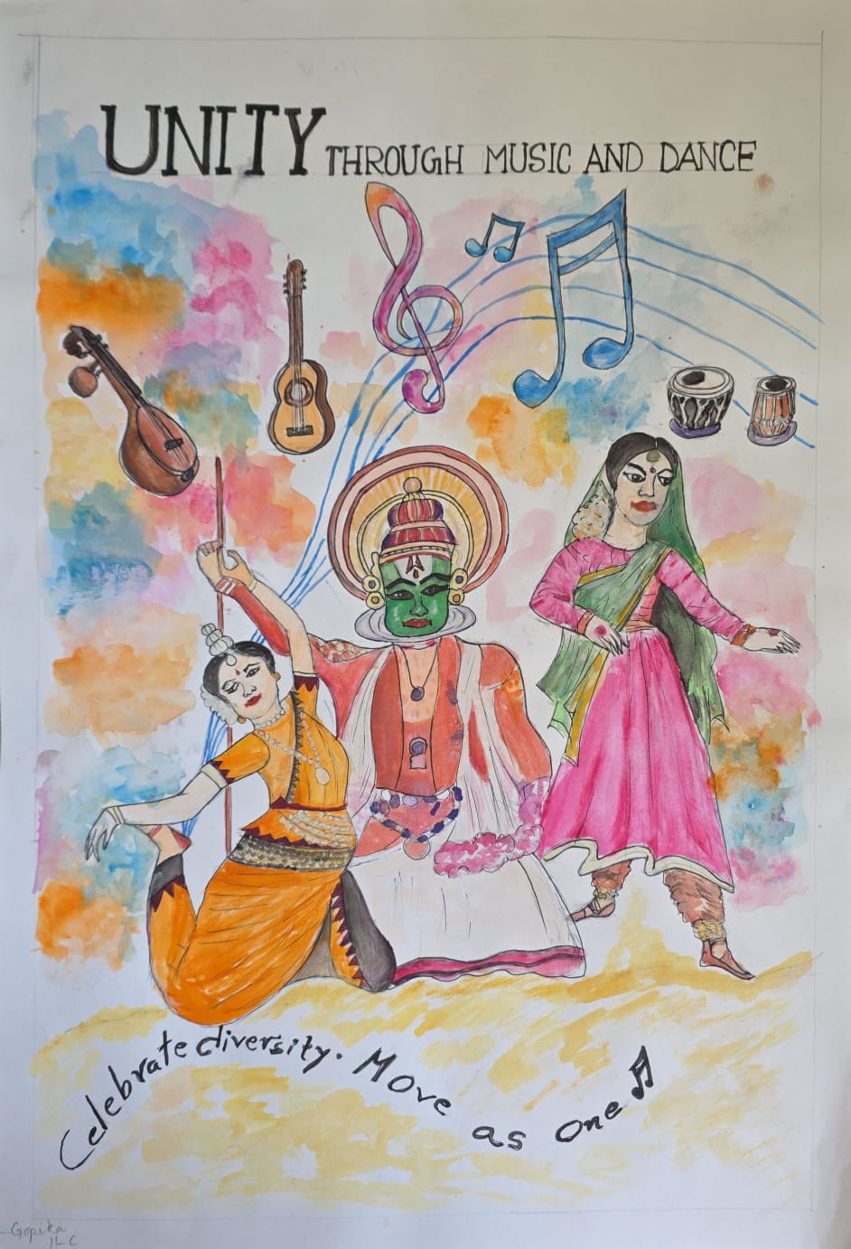 One Frame, Many Rhythms by Gopika Maya Nair, a vibrant display of Indian musical instruments and dance forms