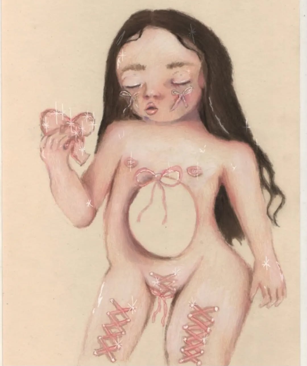 Empty by Olivia Pena - stylized figure with elongated limbs, dark hair, and heart-shaped hollow