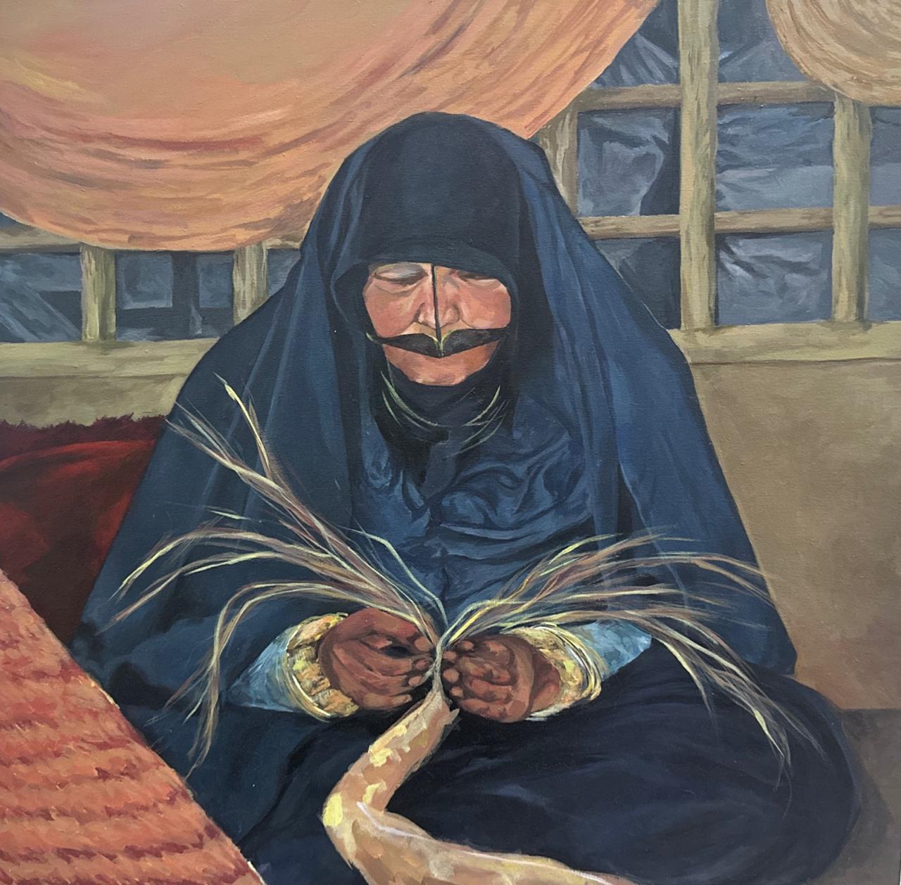 Portrait - Acrylic Painting by Sujithapriya Shenthilkumar, woman in traditional dark blue garment