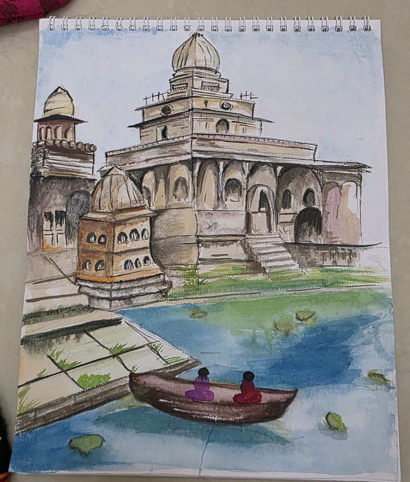 watercolor by Mishri Maheshkumar Patel depicting a traditional temple