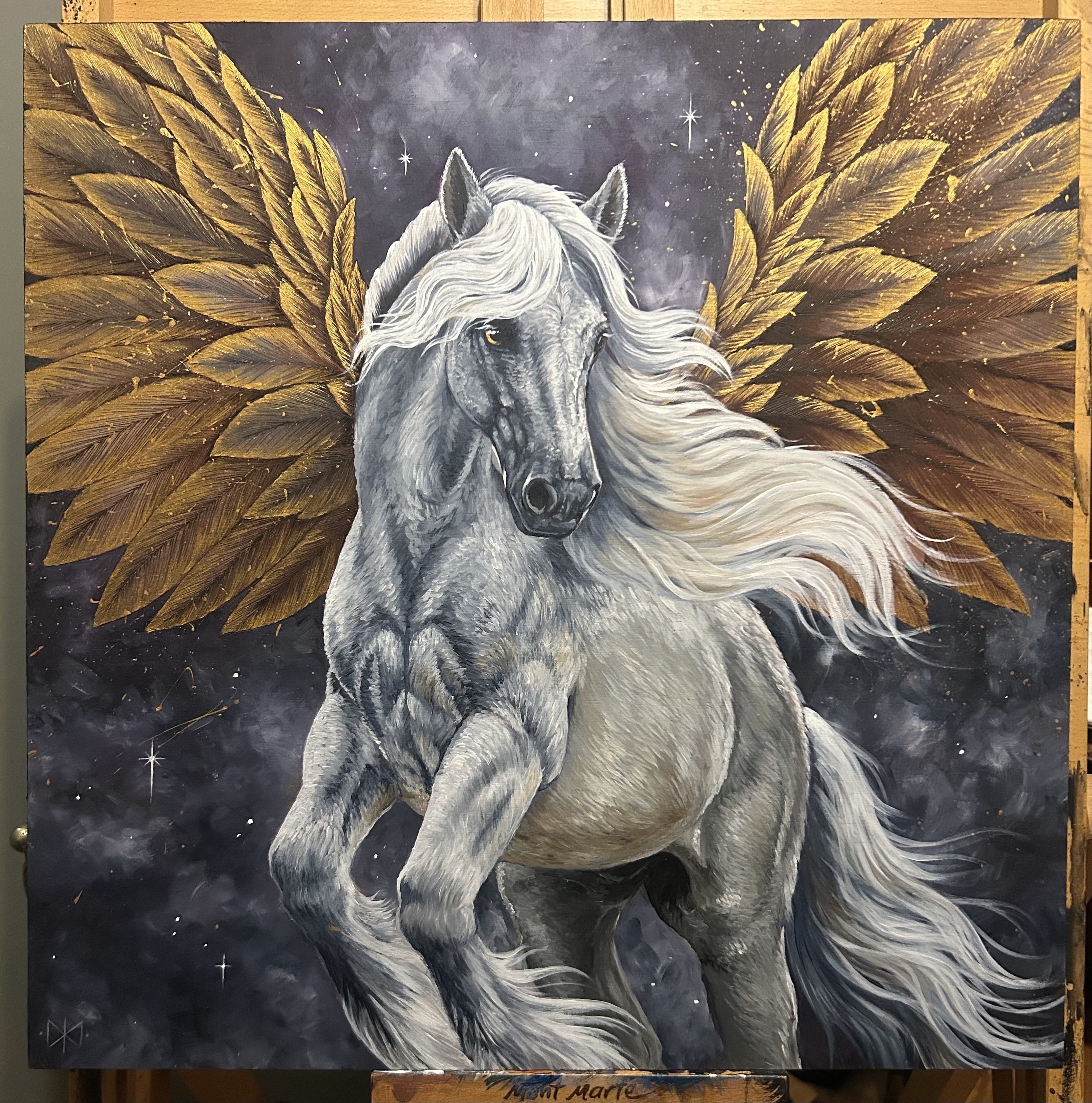 Golden Pegasus by Francelle Coetzee, silver-gray Pegasus with flowing mane