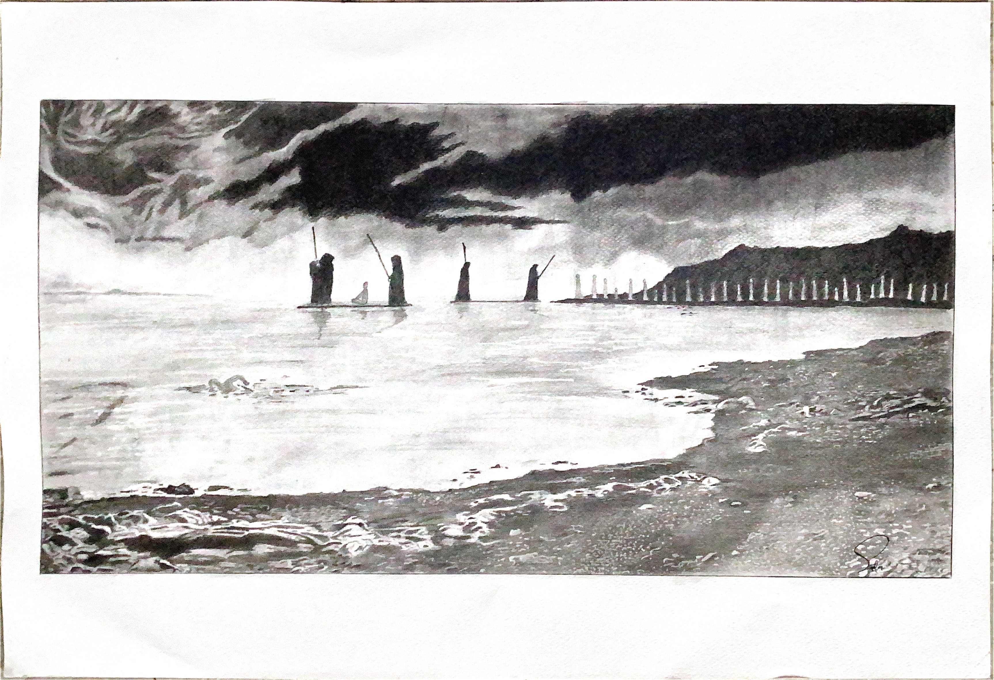 On the Way to Sheol by Mosinmiloluwa Oluwafolajimi, monochromatic landscape with rocky shoreline