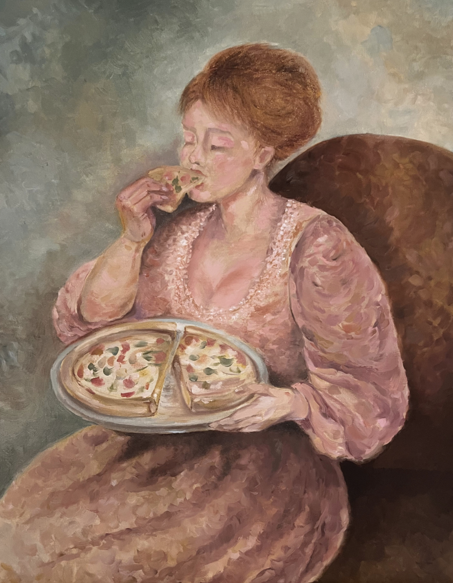 Private feast by Nermeen Aboukheir, depicting a female figure holding pizza