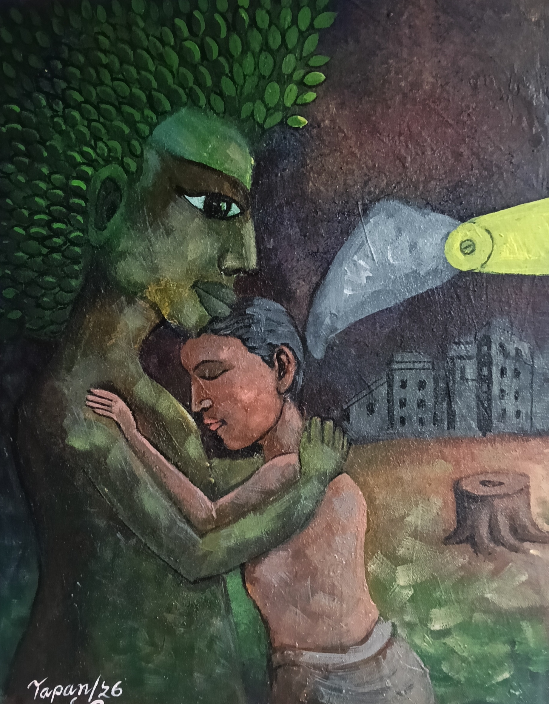 The Embrace of Nature by Tapan Mahatta, depicting a human and tree-like entity in embrace