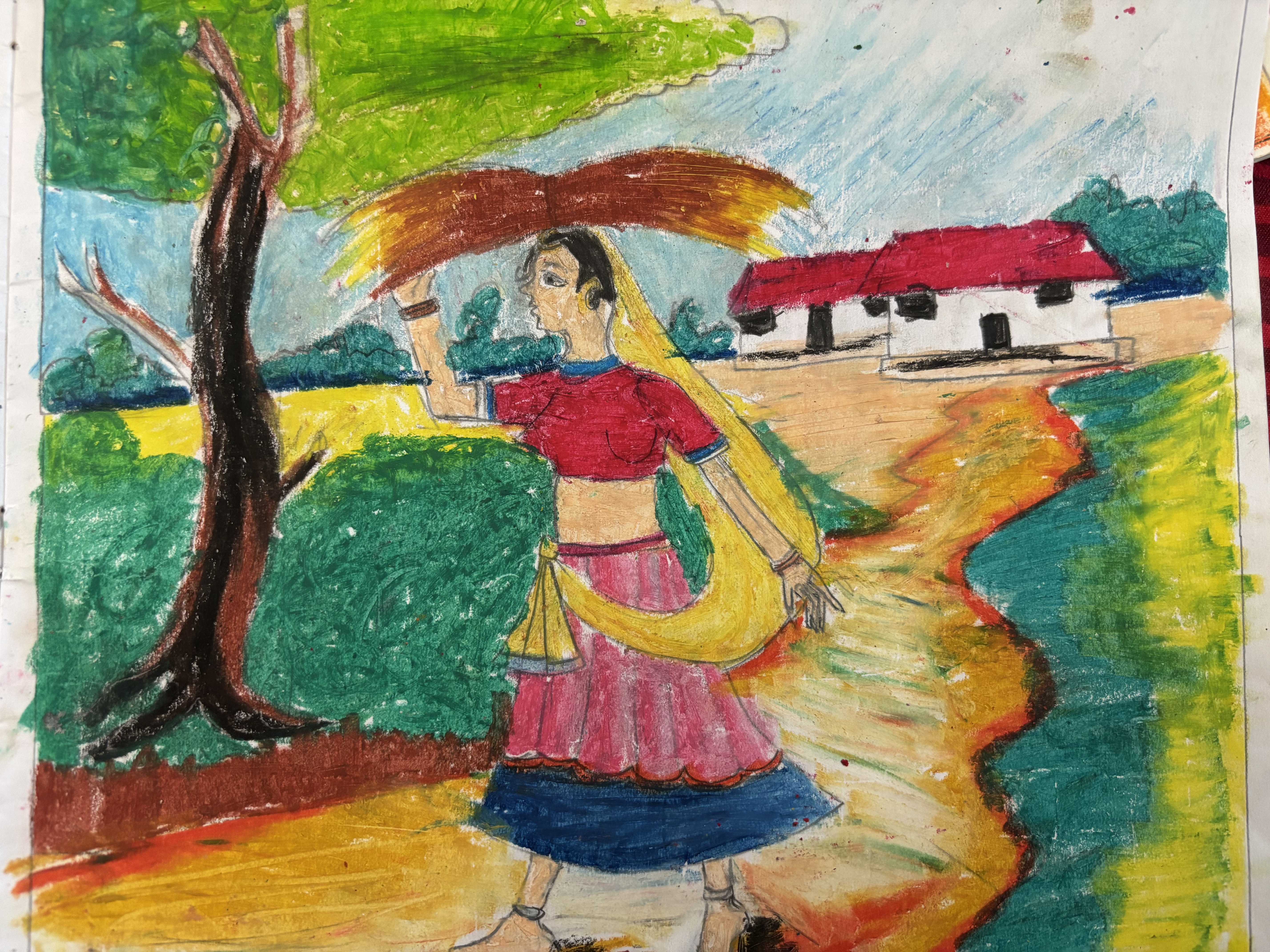 Village Girl by Shrestha Singha - a woman in traditional attire with a pot