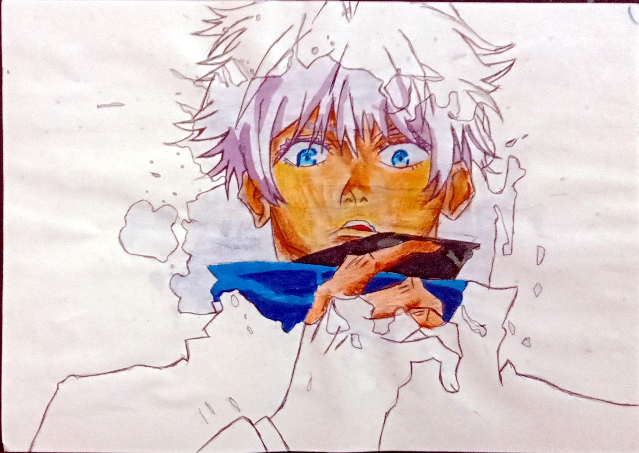 Satoru Gojo Spill Art by Gurdit Singh, vibrant portrait with spiky white hair and blue eyes