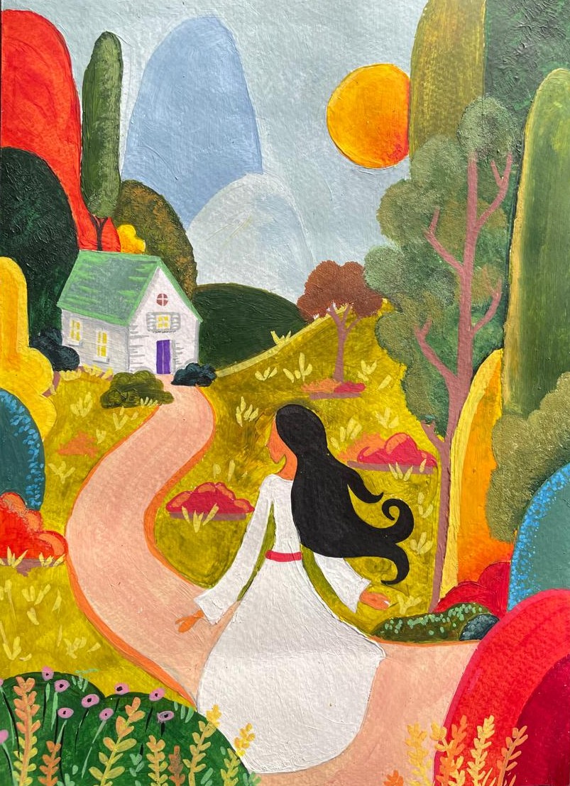 Elsewhere by Apoorva Wijethunga, girl with black hair walking on pink path