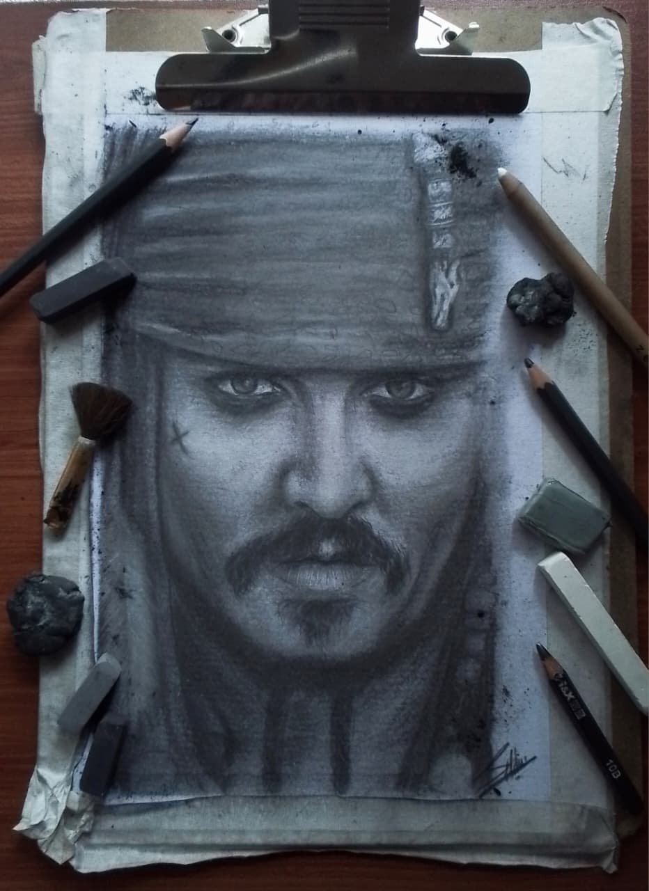 sketching by I.D.S.N.Ranasinghe, portrait of Captain Jack Sparrow, pencil sketch
