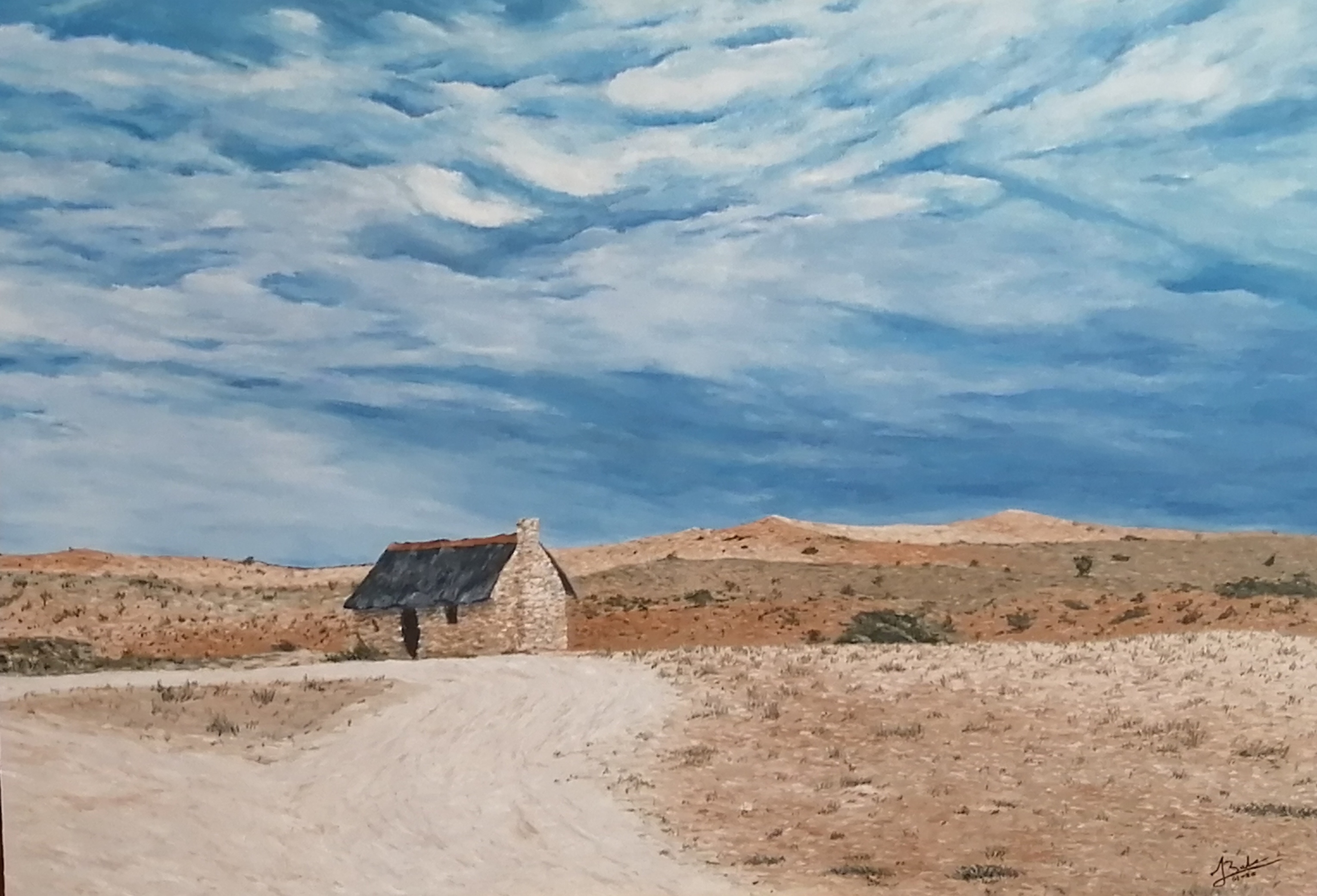 In rememberance by Jonathan Clive Baker, stone cottage in desert
