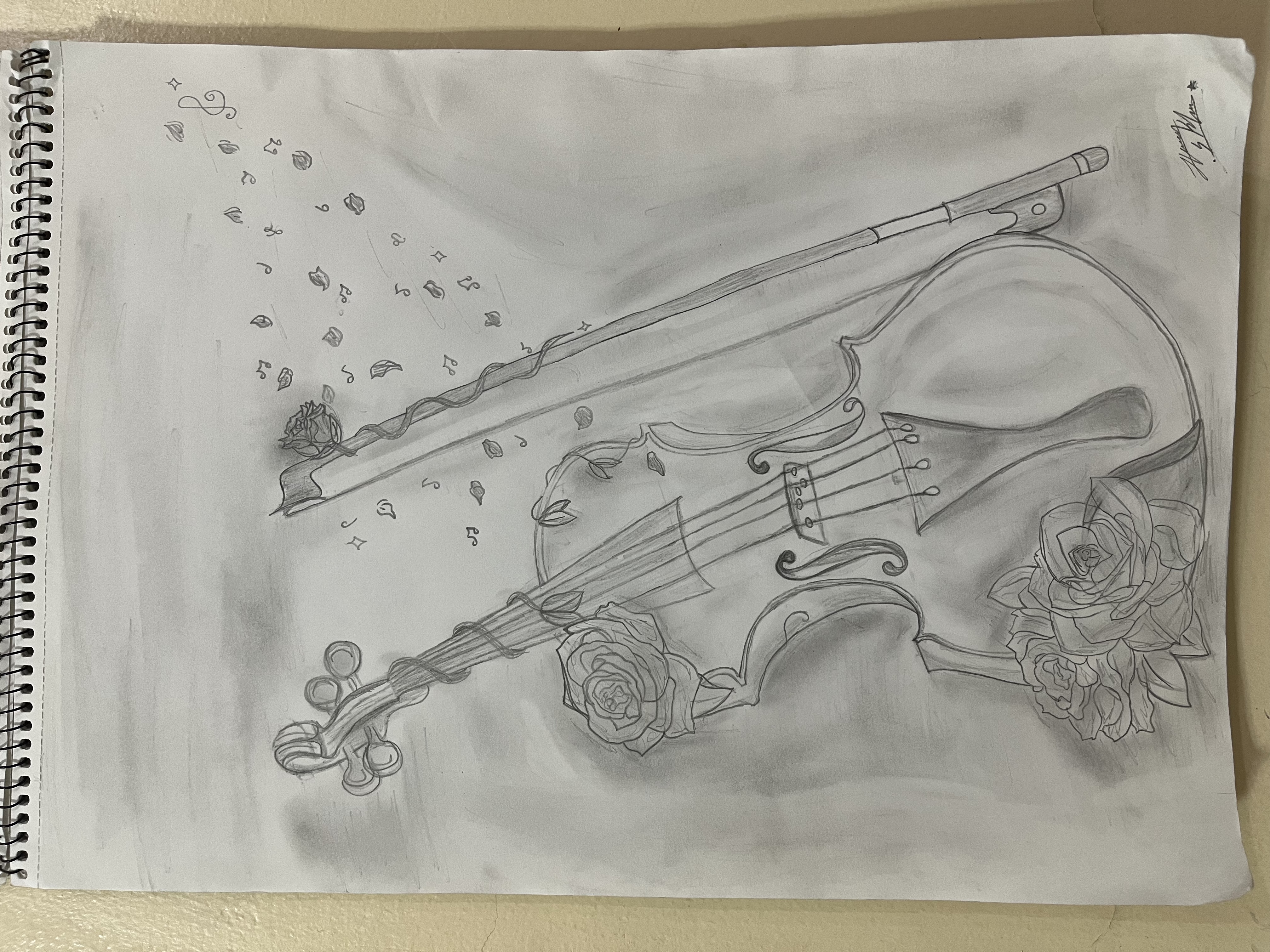 Where music meets nature by Humna Sandaleen Khan - pencil sketch of violin with roses