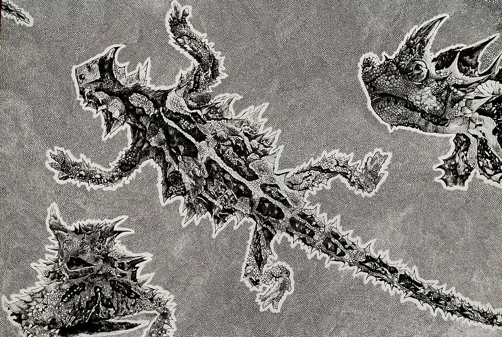 Caption Of Artwork: An Inkpen illustration of the devil Lizard, draw in A2 size paper with high detailed strokes of the skin texture, and the background took almost 30000+ tiny circles.