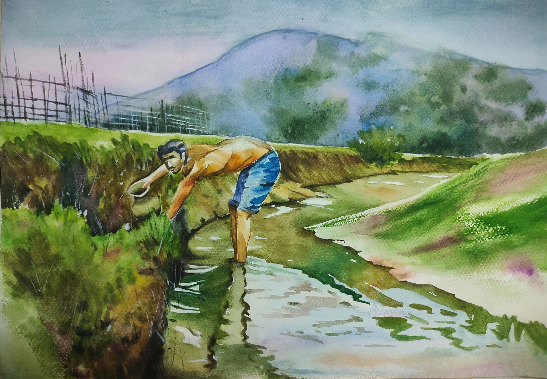 A typical village scene is por