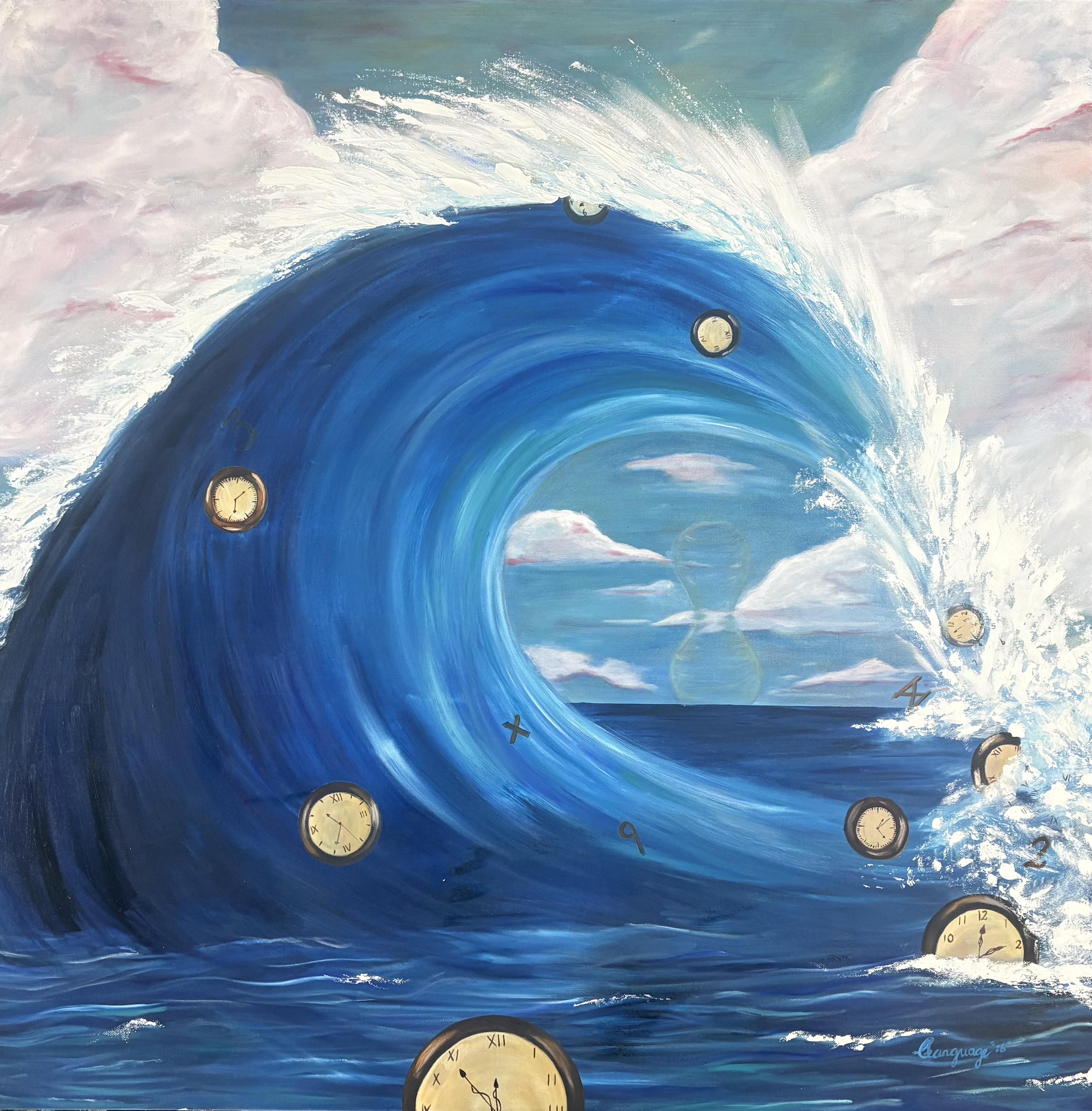 Time Crashing by Candice Samantha Language, dynamic wave artwork with clocks
