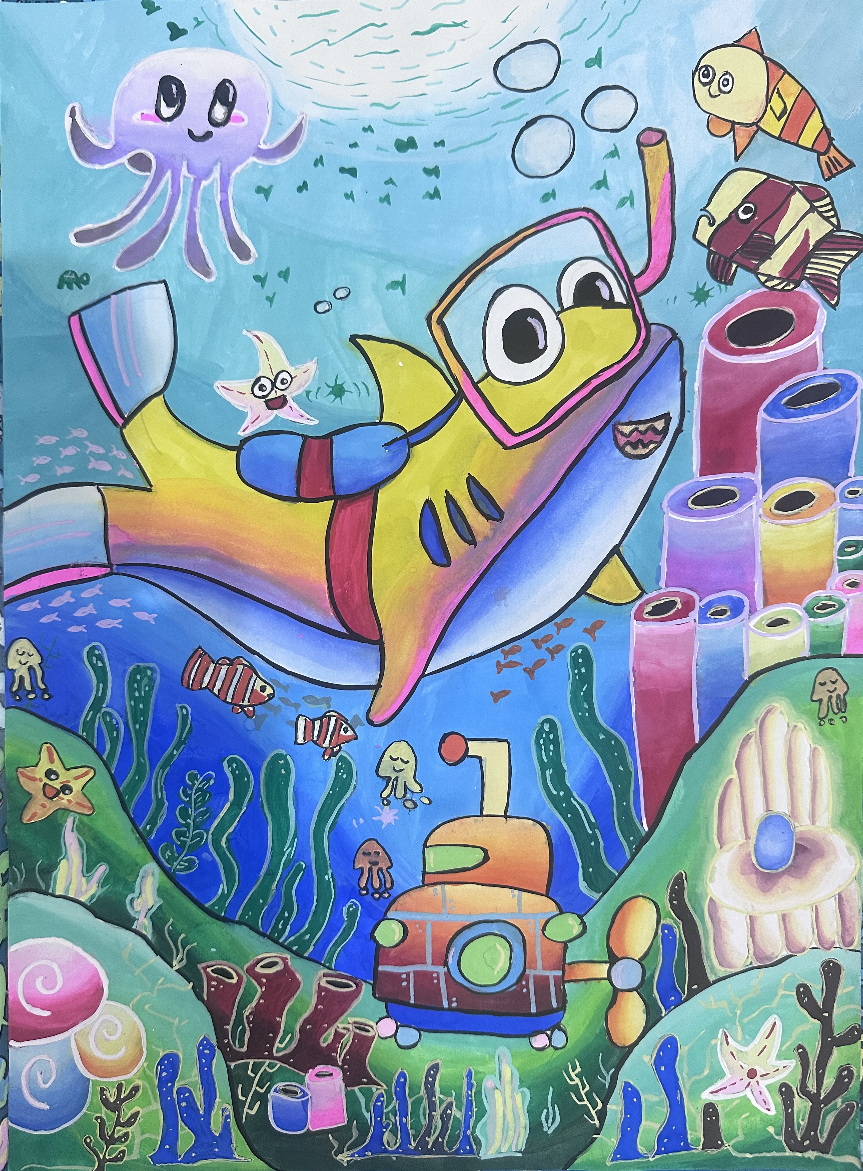 Under the sea by NICOLE YONG SHU HUI, vibrant underwater scene with a cartoonish fish