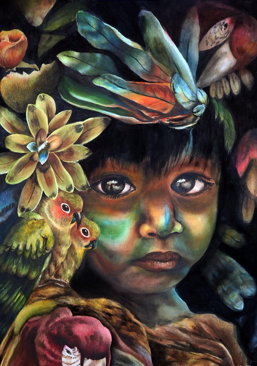 Anak bumi- custodians of the rainforest by Cheong Mei Quin, vibrant child portrait with flora