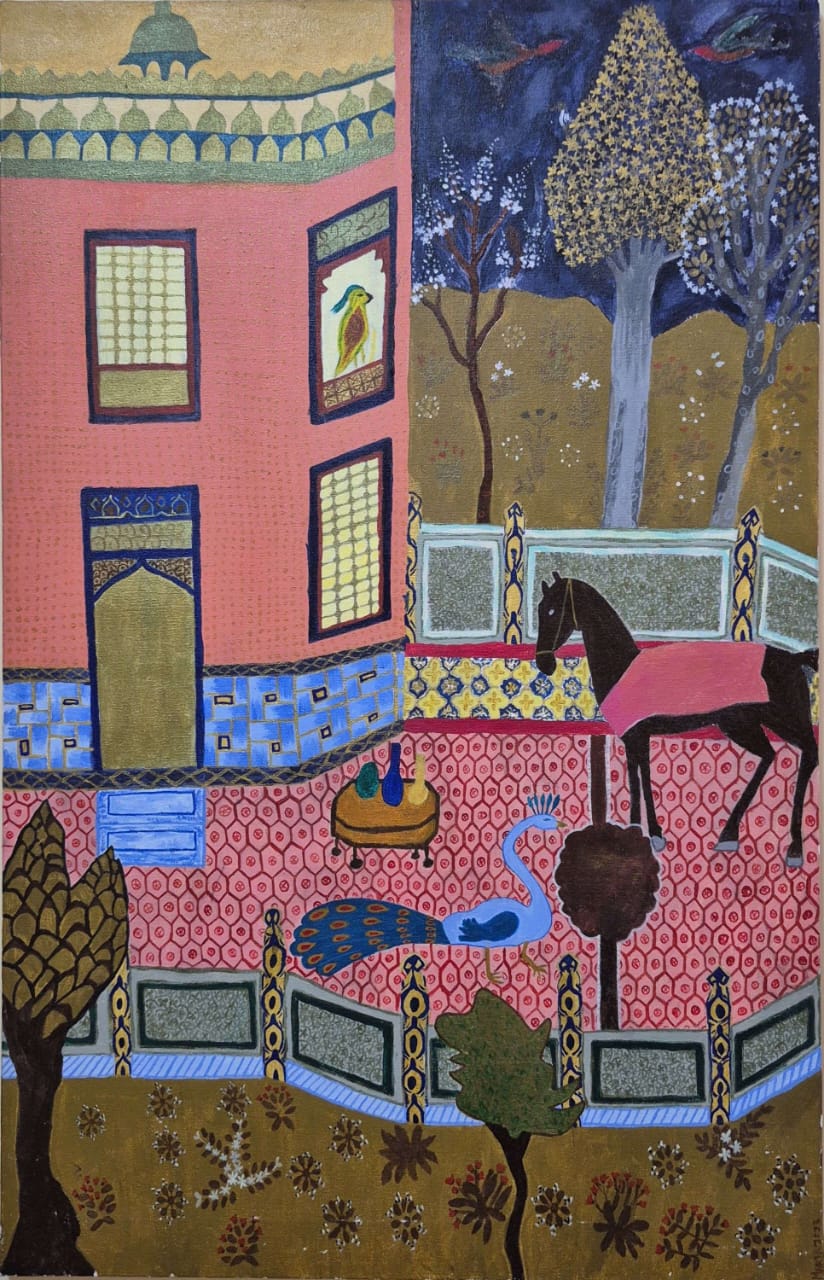 The Study of Iranian Painting by Maria Adnan, serene outdoor scene with traditional architecture