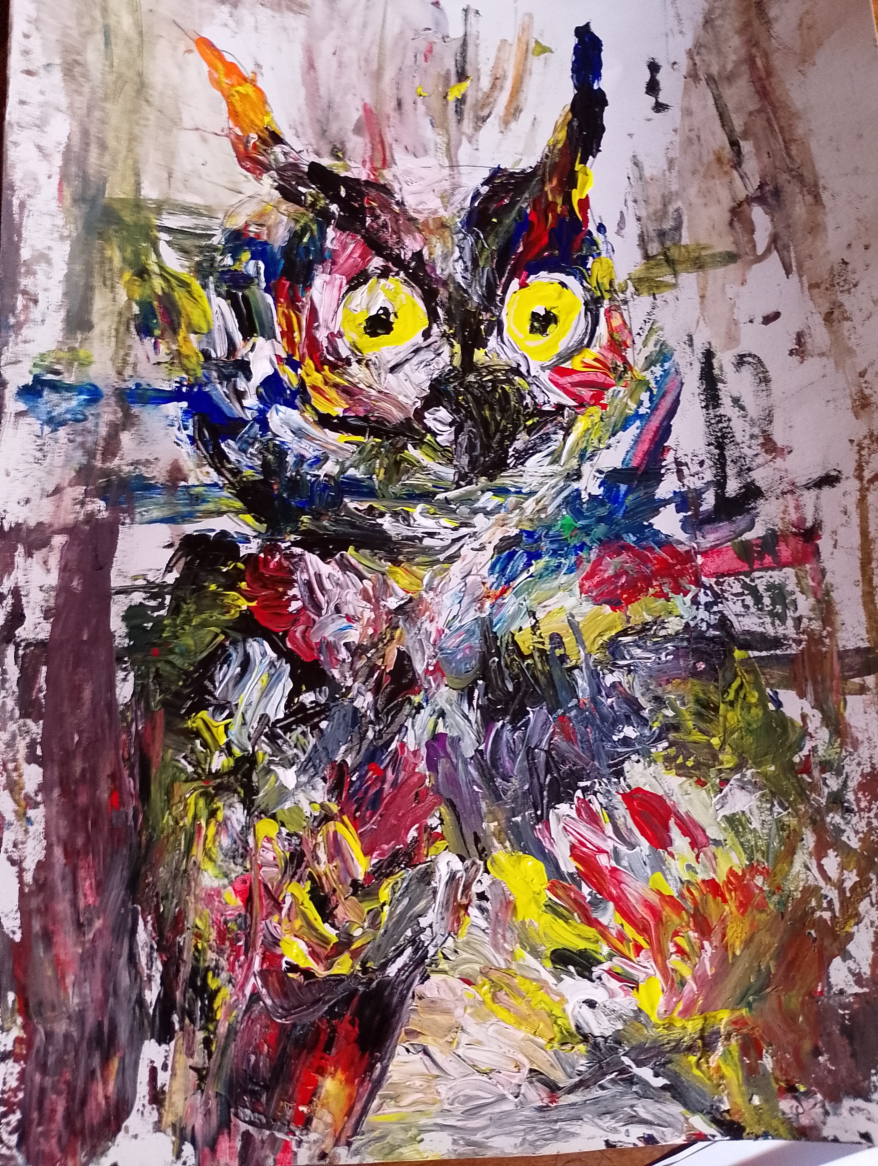 An Owl by Yasithma Amadoru - vibrant owl painting with bright eyes and colorful feathers