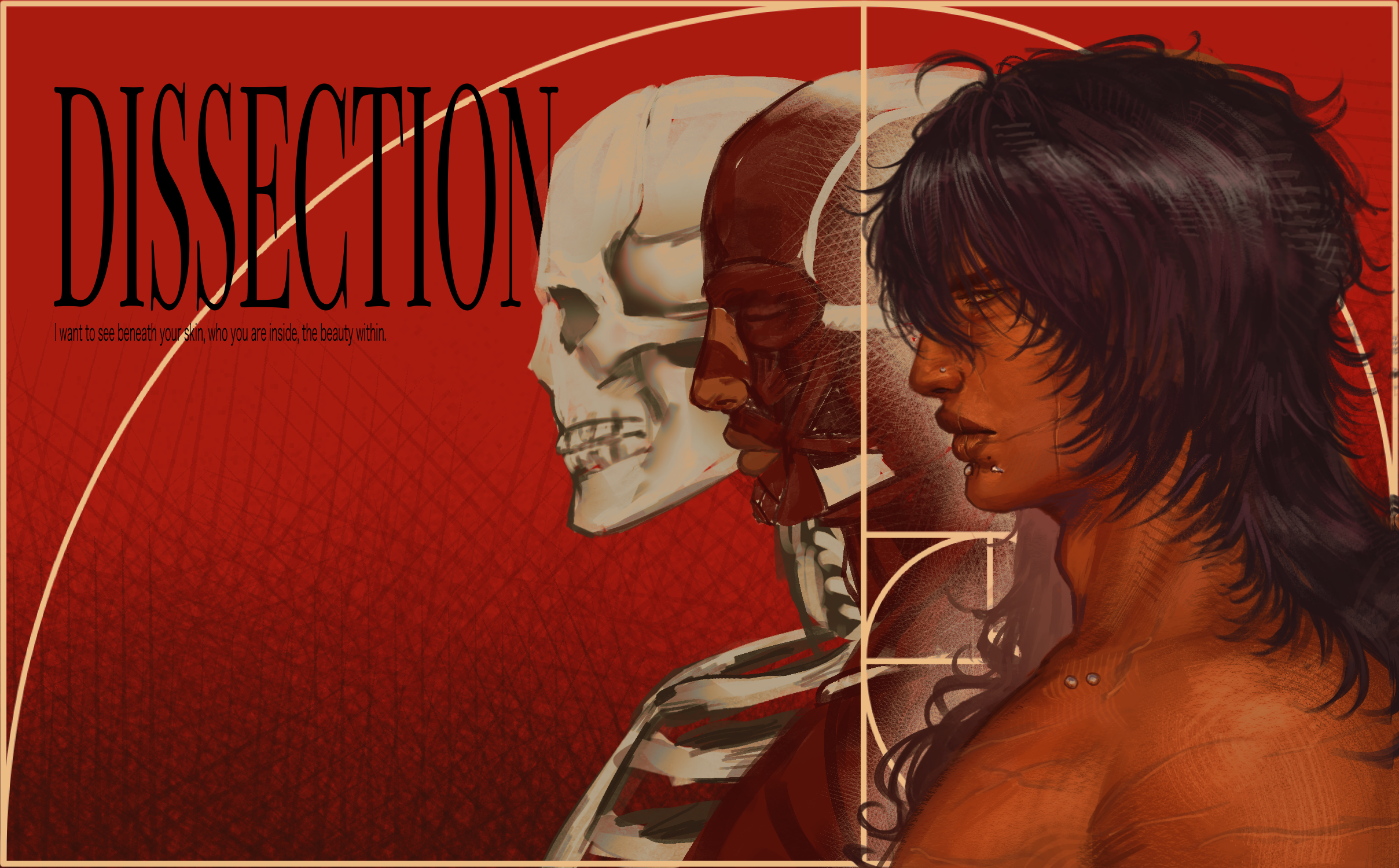 Dissection by Jamie M. S. Razon, depicting the human body in layers against a red background