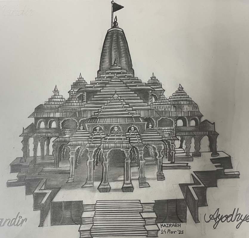 Sacred Architecture by Kairabh Kaware, detailed pencil drawing of a temple