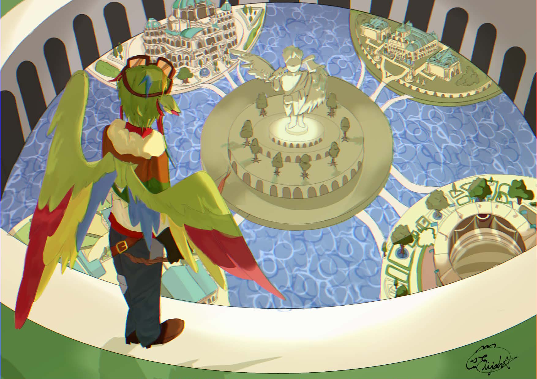 The Farlands City by Elijah Dennise S. Tirao, a fantasy scene of a winged character overlooking a city
