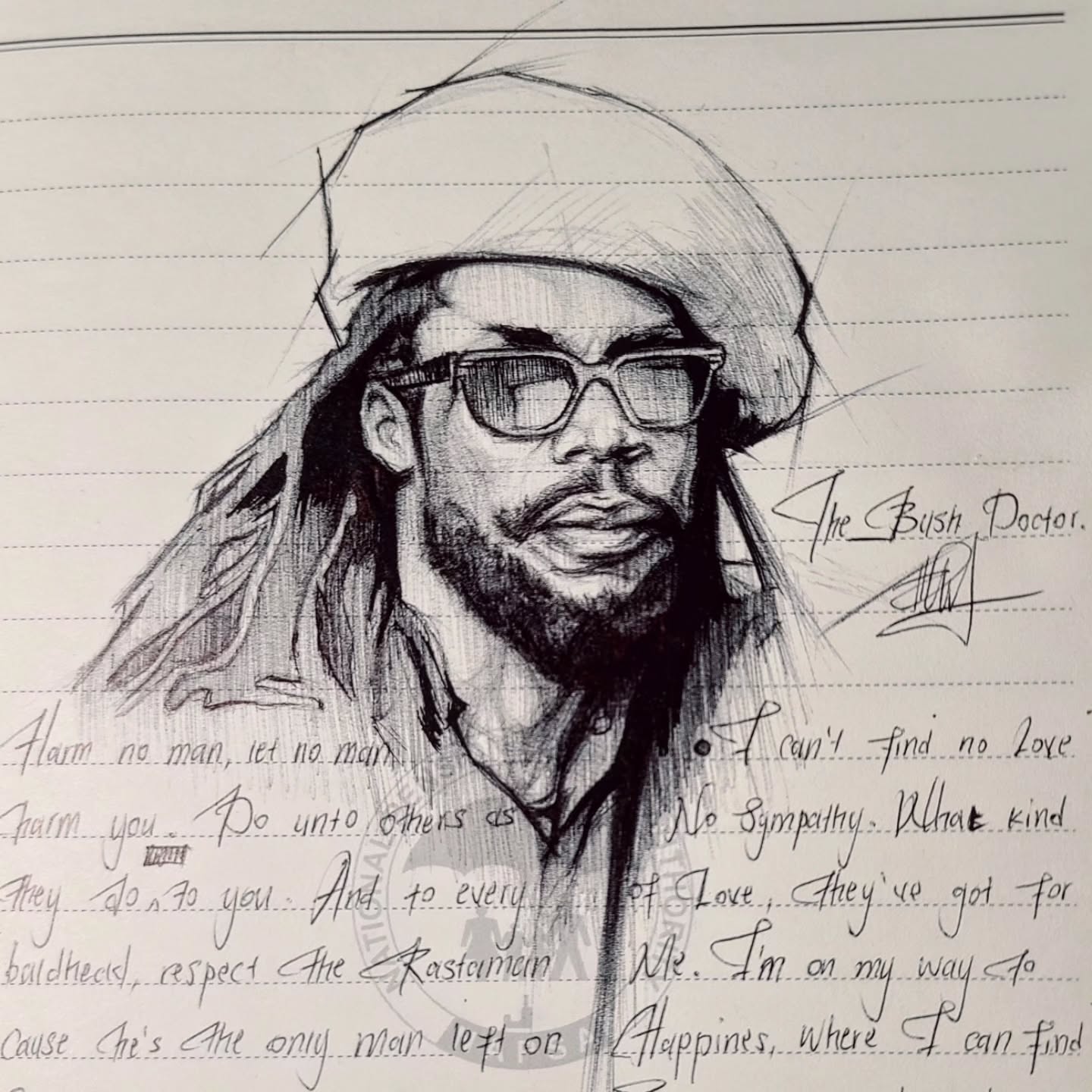 Peter Tosh by Afro Baby, detailed monochromatic drawing of man with dreadlocks