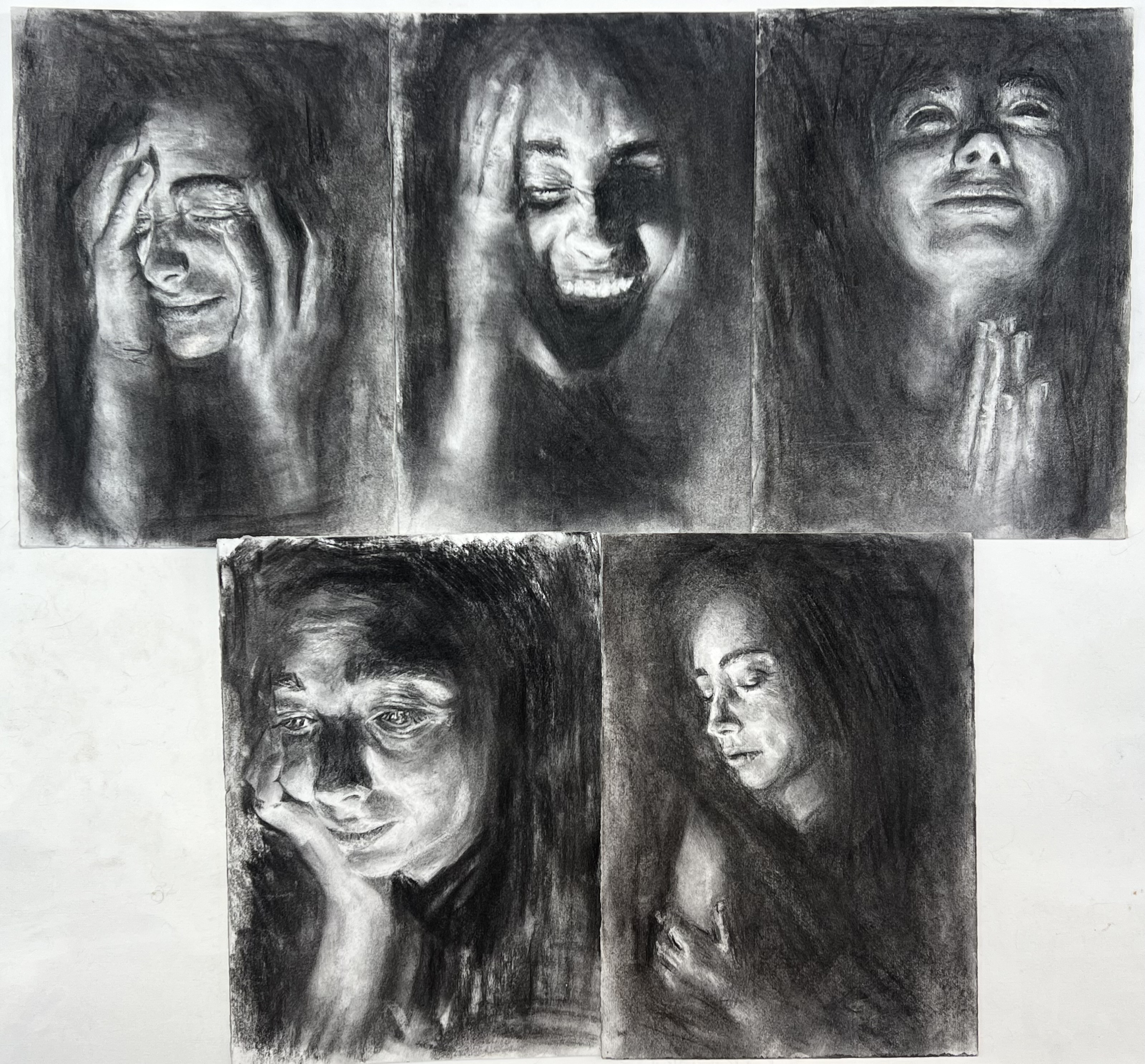 Echoes of Processing by Diana du Toit, sequence of charcoal portraits expressing emotions