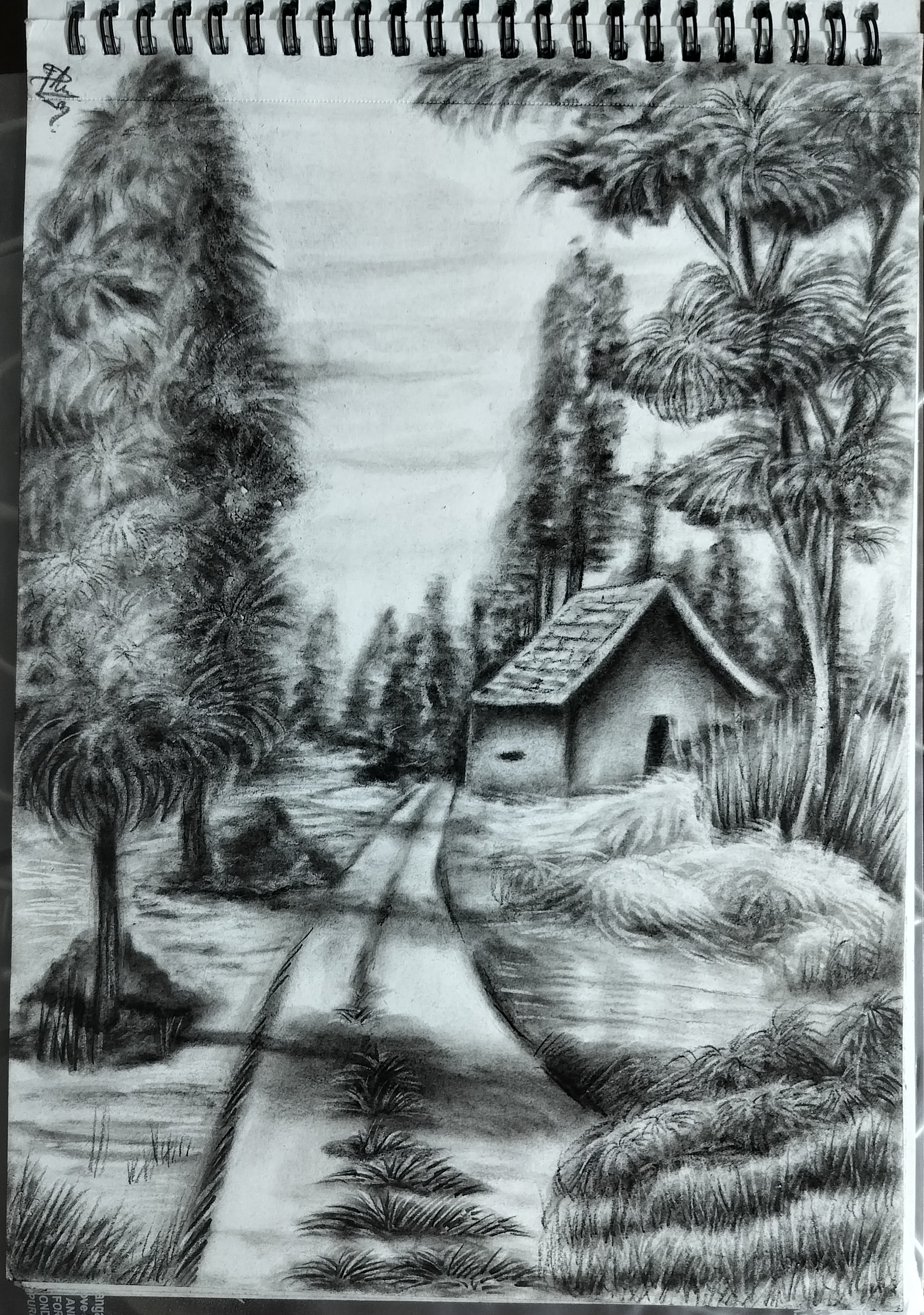 The quiet between the dust and light. by Patralika Mahata, charcoal landscape with path, trees, and house