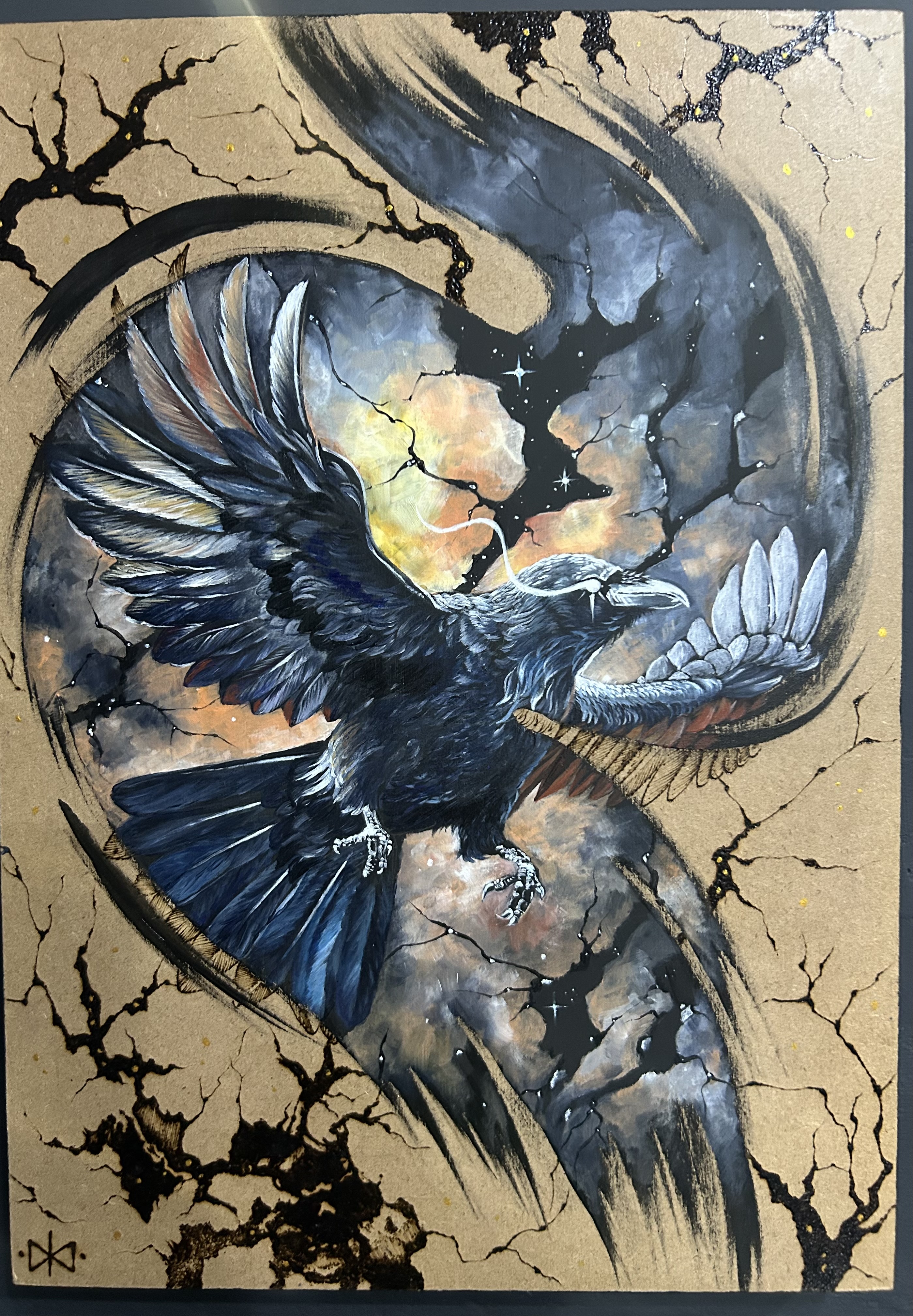 The Night Raven by Francelle Coetzee, dynamic raven in mid-flight