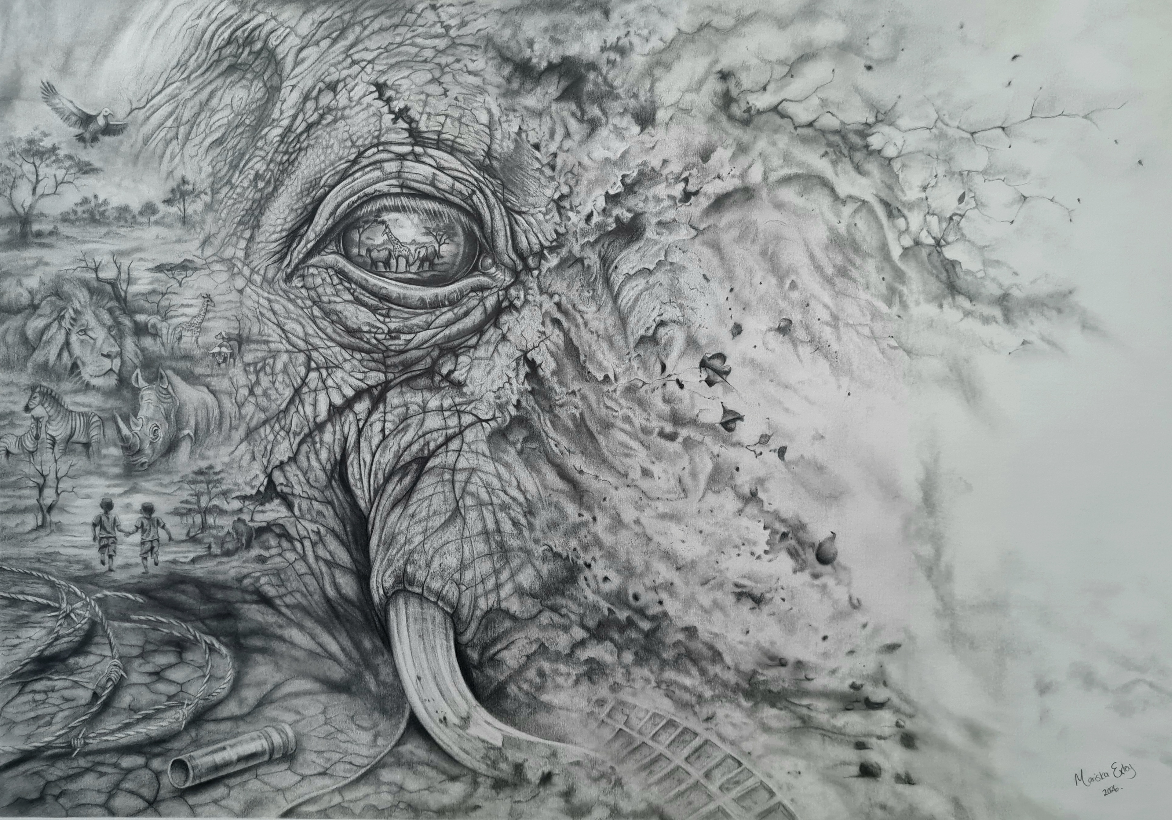 The Last Witness by Mariska Exley - graphite elephant drawing with African wildlife scene