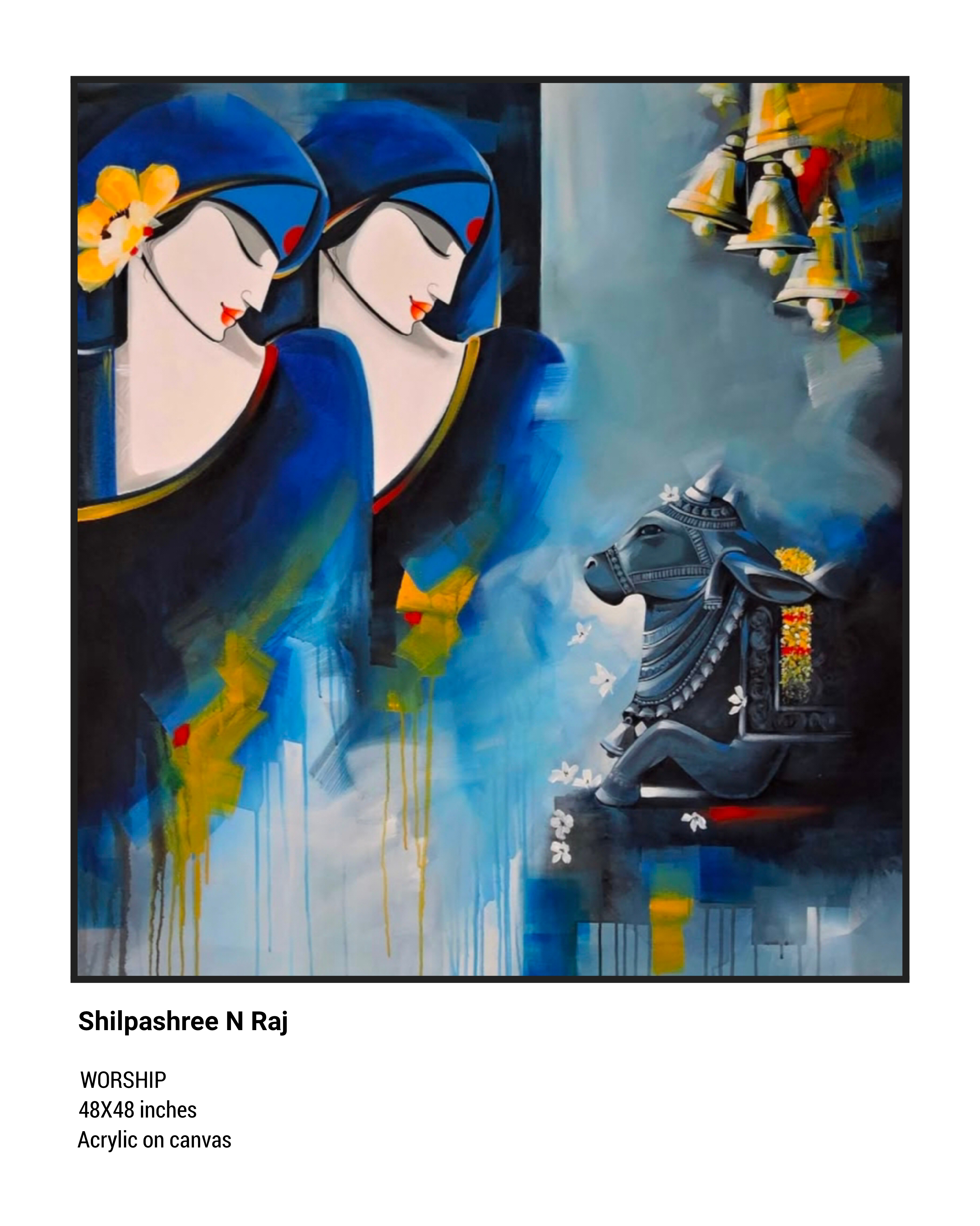 Worship by Shilpashree N Raj, stylized female figures in blue