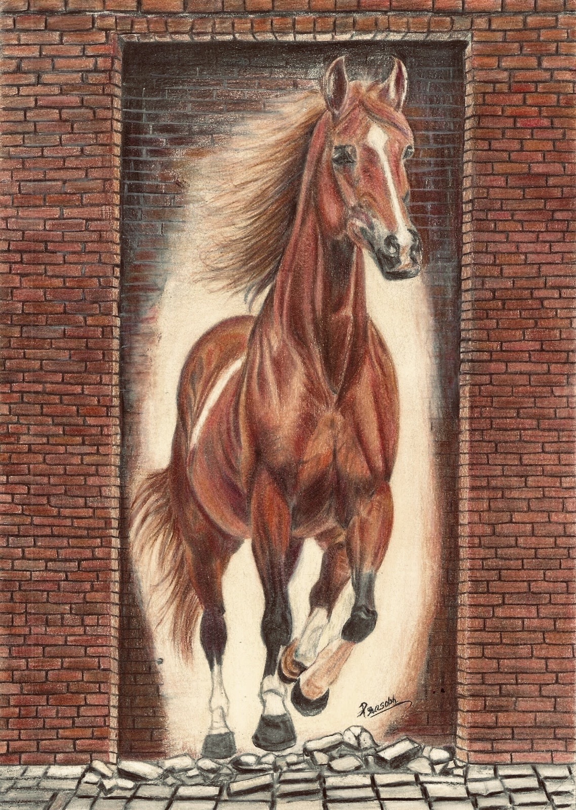 Freedom by Valiyapurayi prasobh, horse breaking through brick wall
