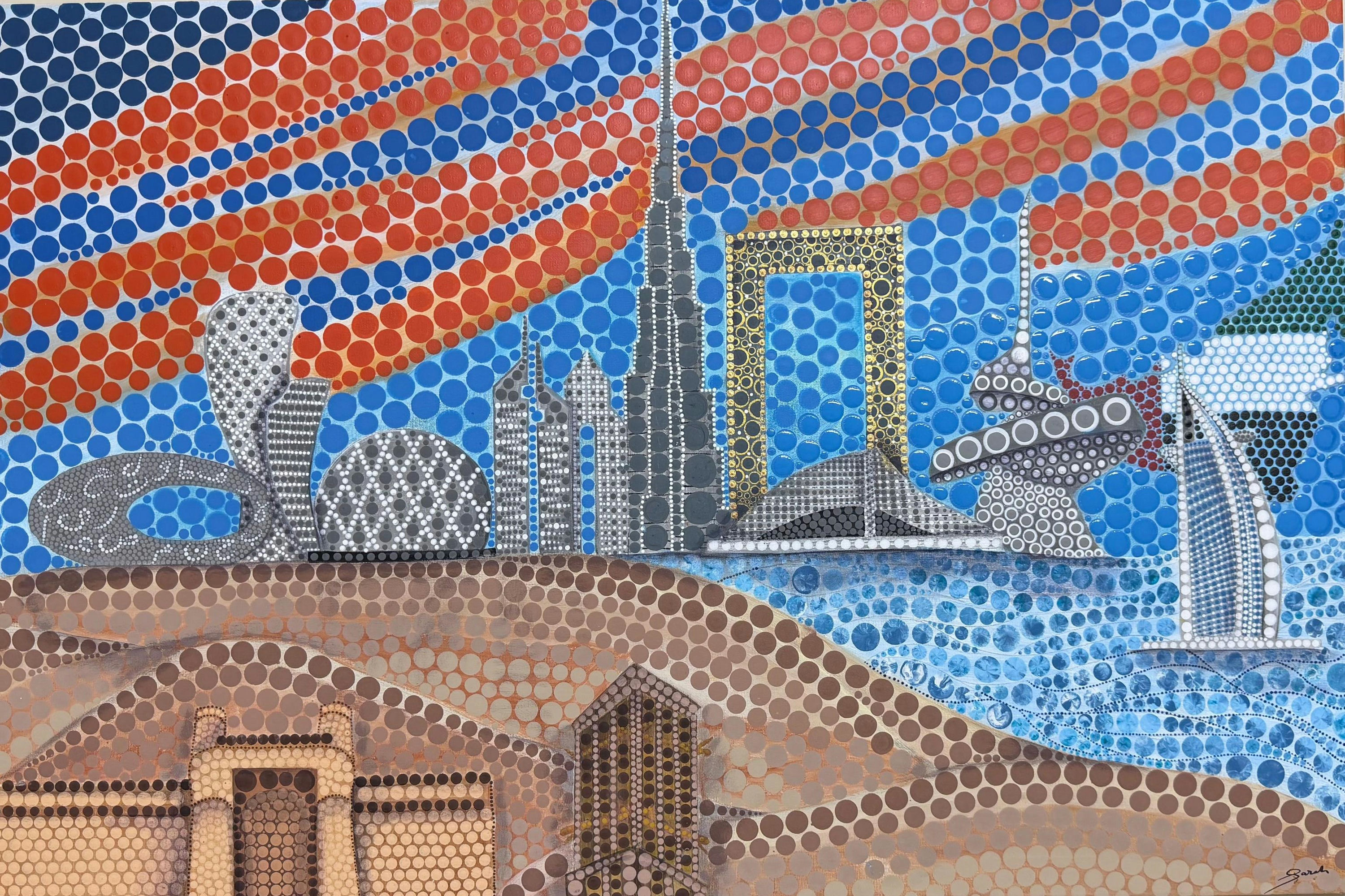 Abode by Sarah Parvez Ahmed Peshimam, dot-art landscape with ancient structures