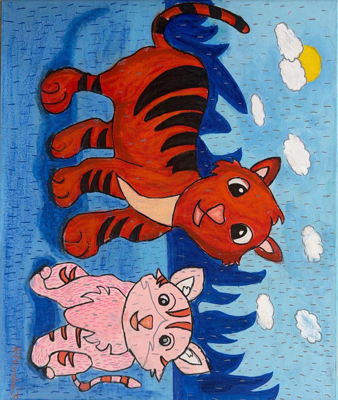 Tiger and Cat by Nimalan Rajbarath - a tiger with a cat in a sky-blue setting