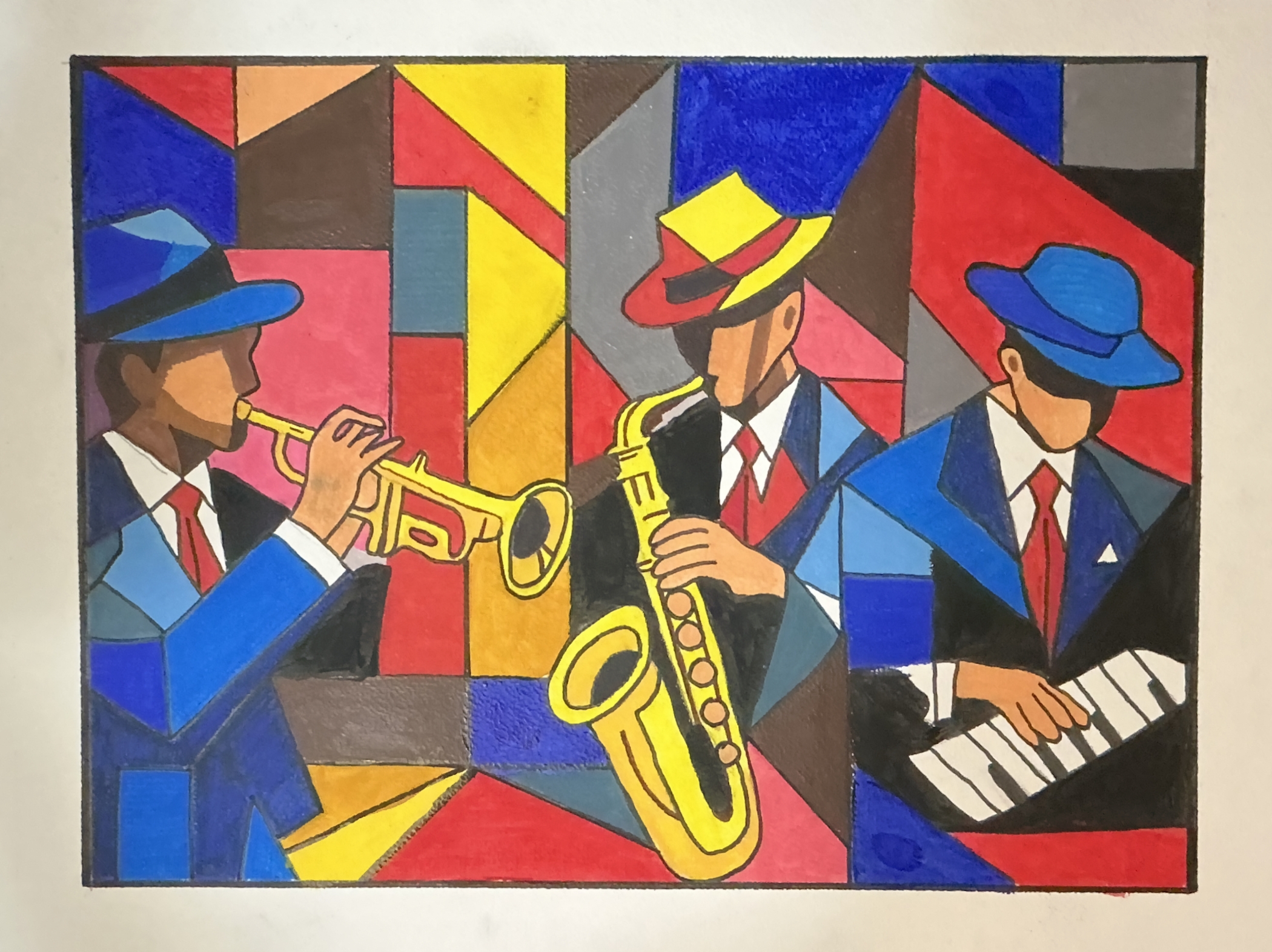 Painting by Saishriya Satapathy, geometric figures playing musical instruments