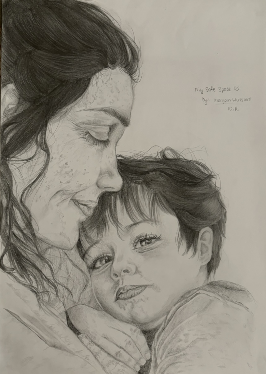 My Safe Place by Maryam Hussaini, close-up of mother and son in tender embrace