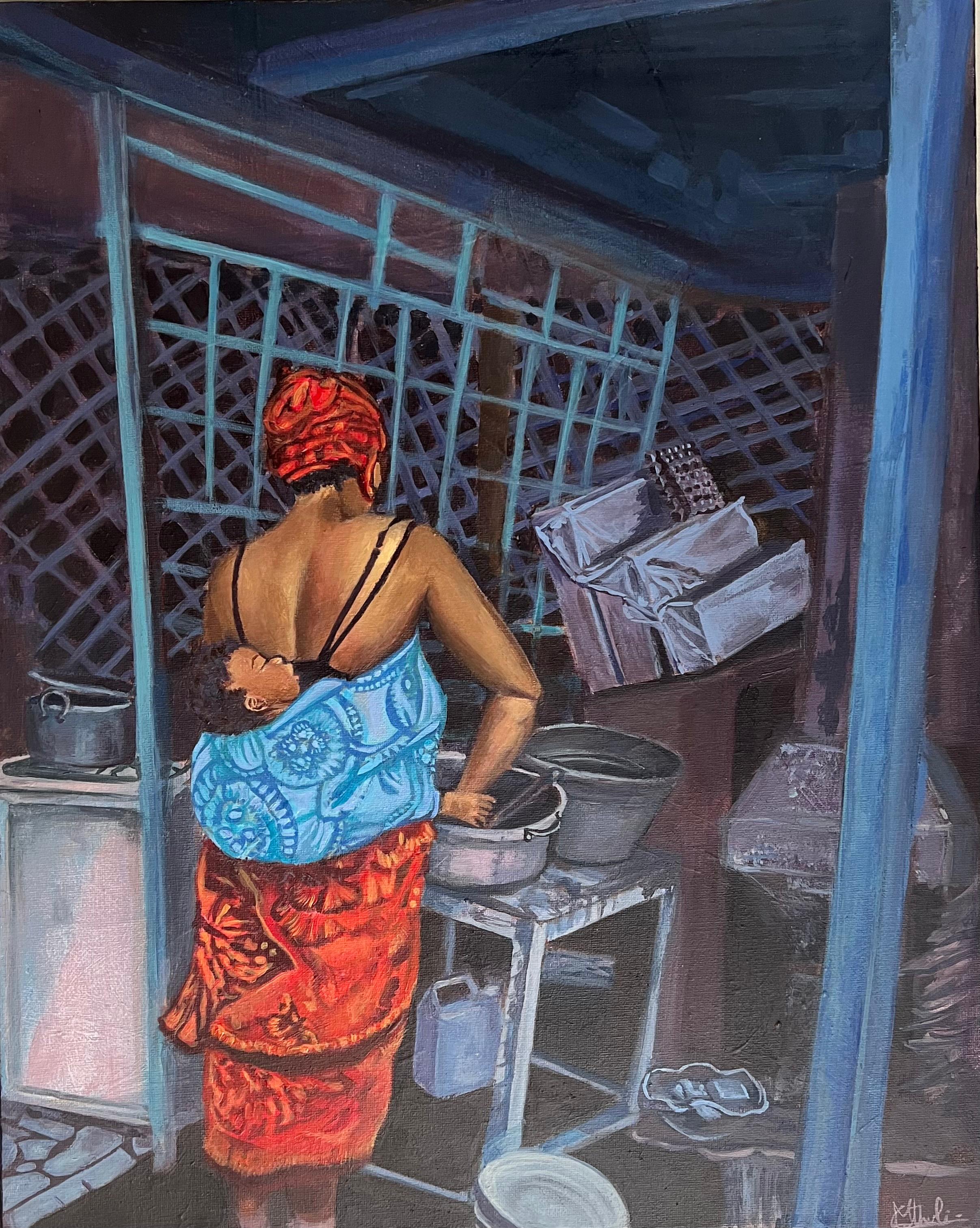 The Weight of Love by Methuli Bandara, woman carrying baby in red dress