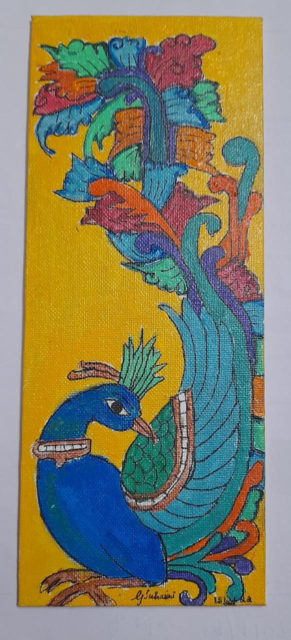 Kerala Mural Art by Suhasini.G, featuring a vivid peacock with striking colors