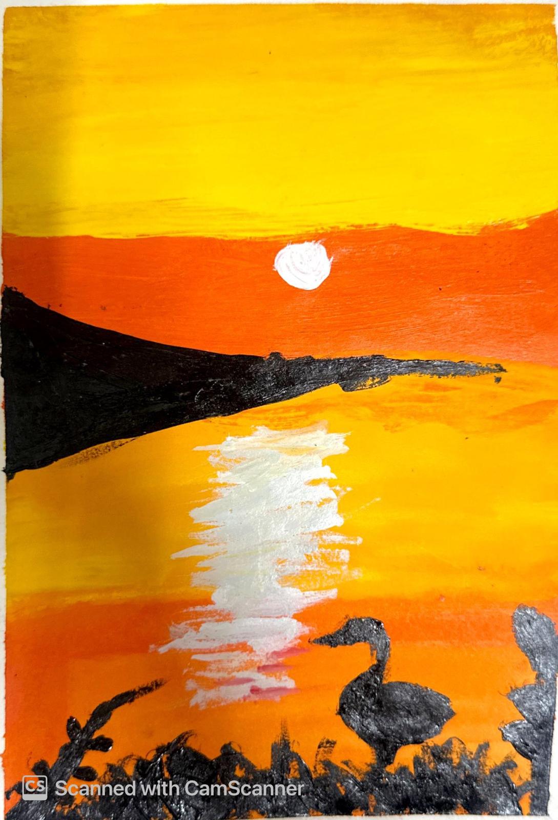 Acrylic painting by KAAVYA KARMAKAR featuring a vivid sunset scene over water