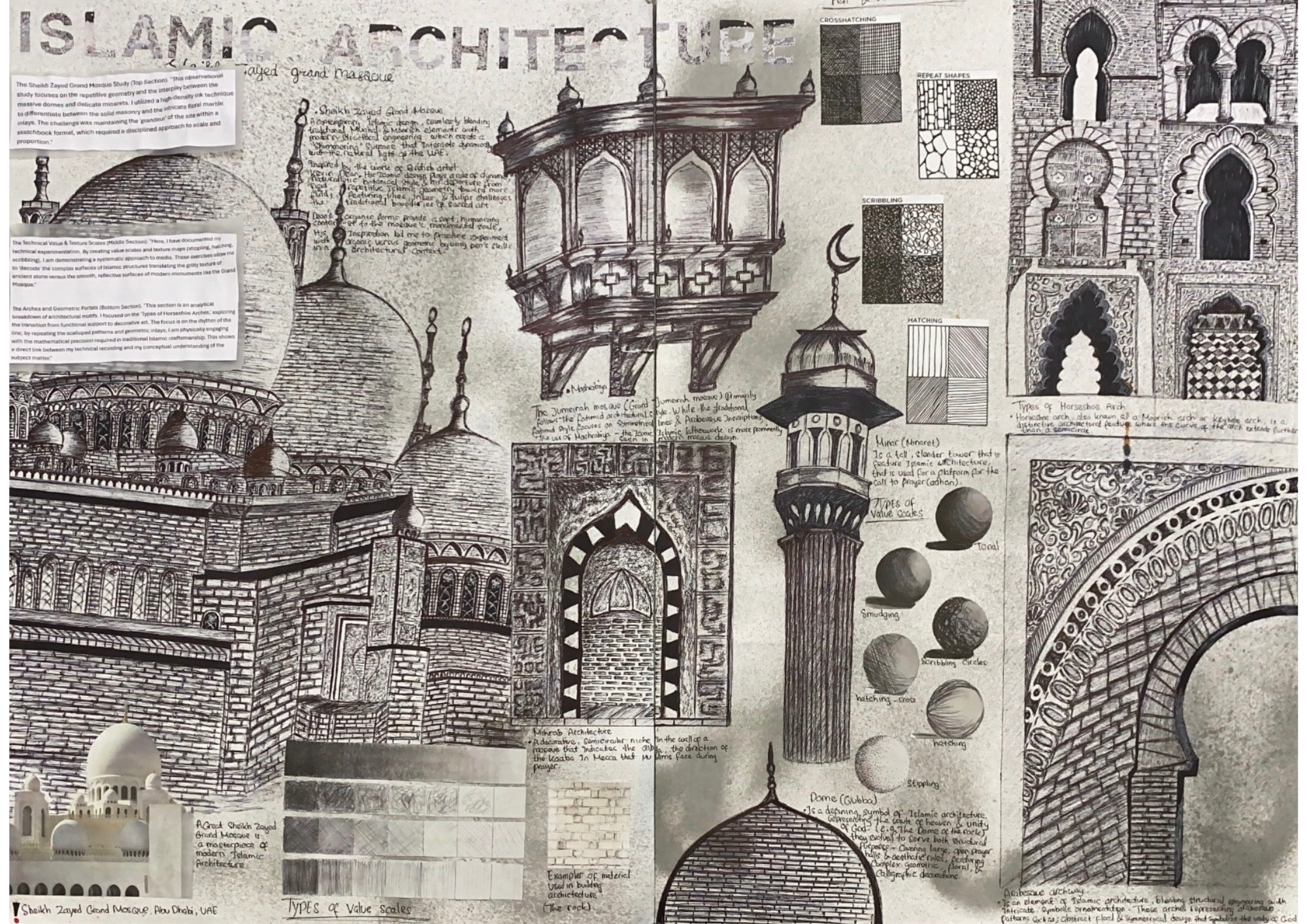 Islamic Architecture - Sheikh Zayed Grand Mosque by Muhammad Hamzah Yunus, detailed sketches of domes, minarets, and arches